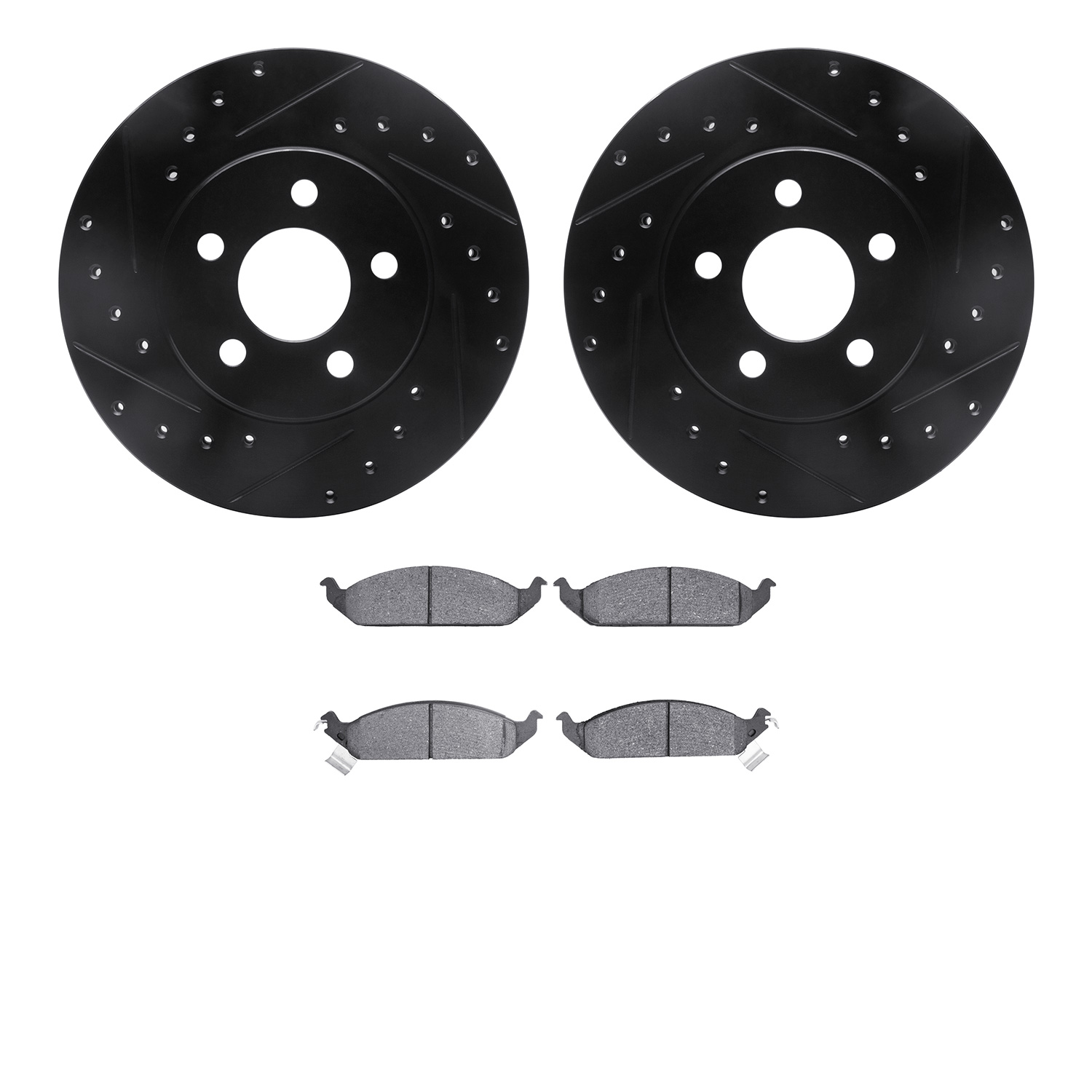 8502-39040 Drilled/Slotted Brake Rotors w/5000 Advanced Brake Pads Kit [Black], 1995-2000 Mopar, Position: Front