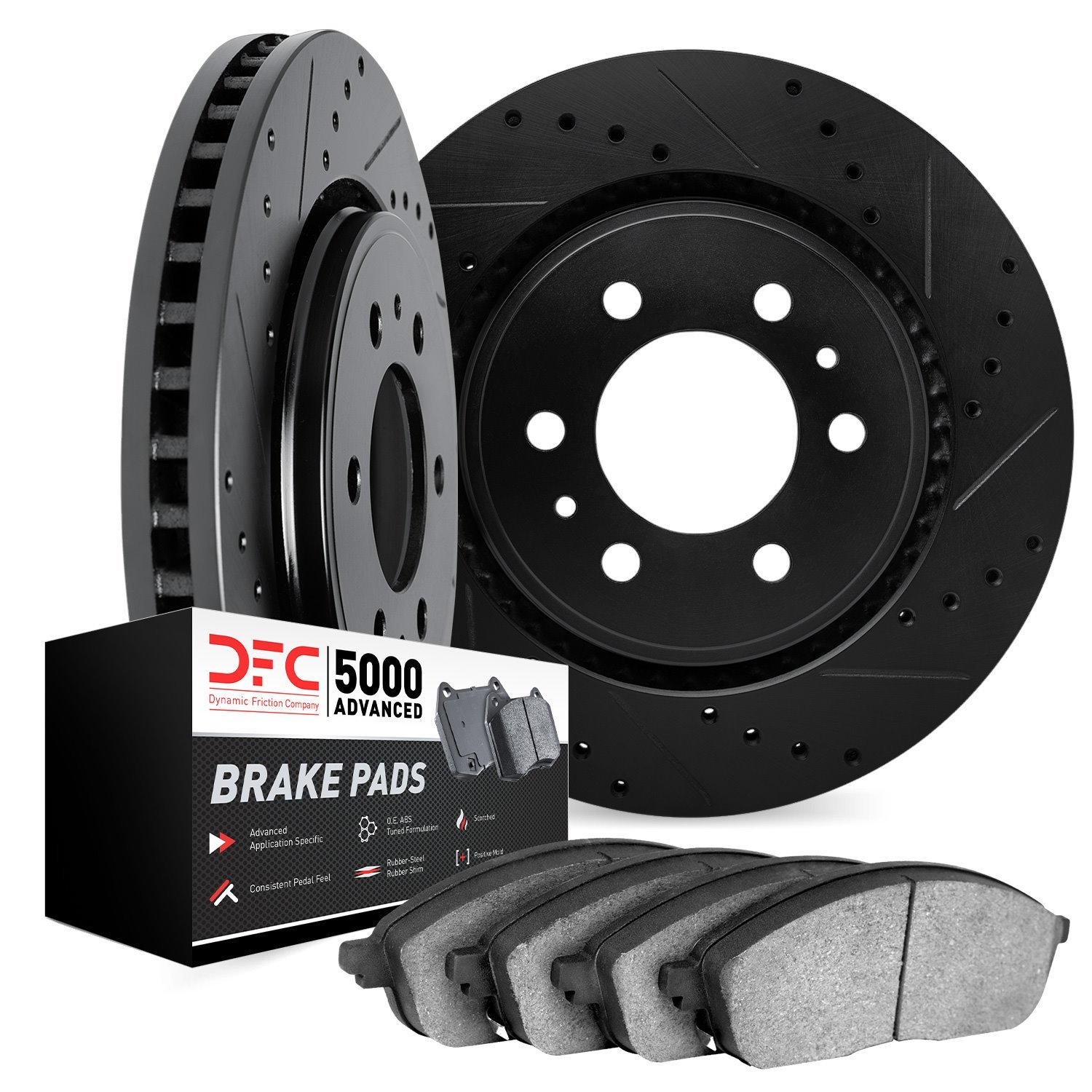 8502-40008 Drilled/Slotted Brake Rotors w/5000 Advanced Brake Pads Kit [Black], 2001-2002 Mopar, Position: Rear