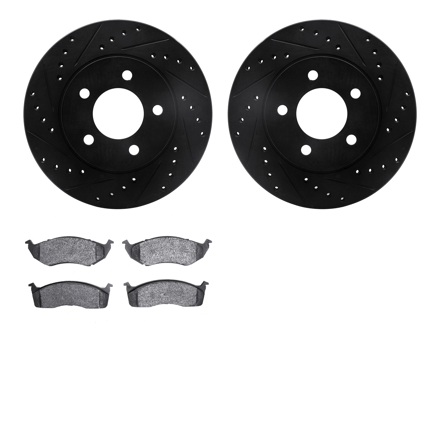 8502-40115 Drilled/Slotted Brake Rotors w/5000 Advanced Brake Pads Kit [Black], 1993-1997 Mopar, Position: Front