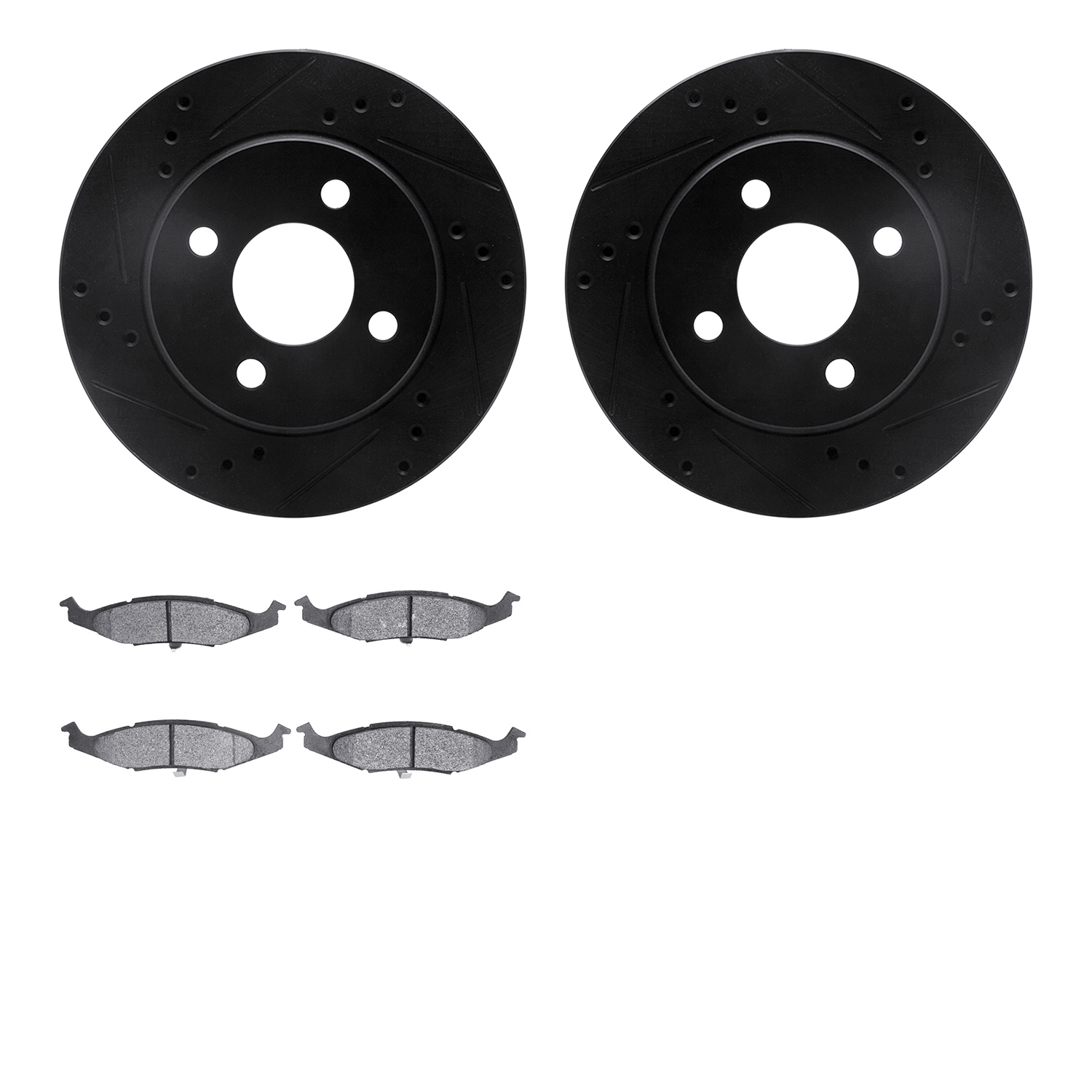 8502-40124 Drilled/Slotted Brake Rotors w/5000 Advanced Brake Pads Kit [Black], 1995-1996 Mopar, Position: Front