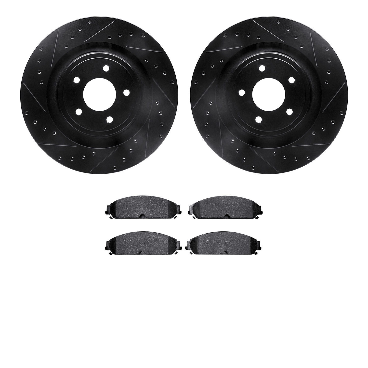 8502-40187 Drilled/Slotted Brake Rotors w/5000 Advanced Brake Pads Kit [Black], 2008-2009 Mopar, Position: Front