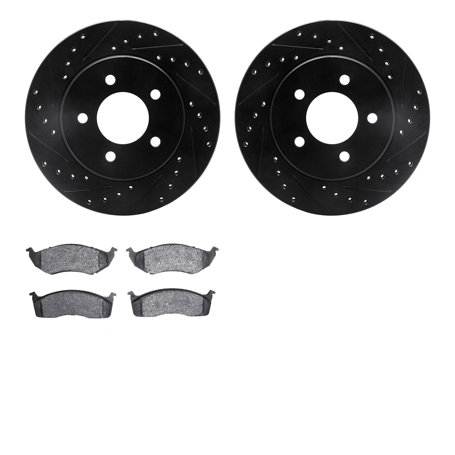 8502-40293 Drilled/Slotted Brake Rotors w/5000 Advanced Brake Pads Kit [Black], 1996-2002 Mopar, Position: Front