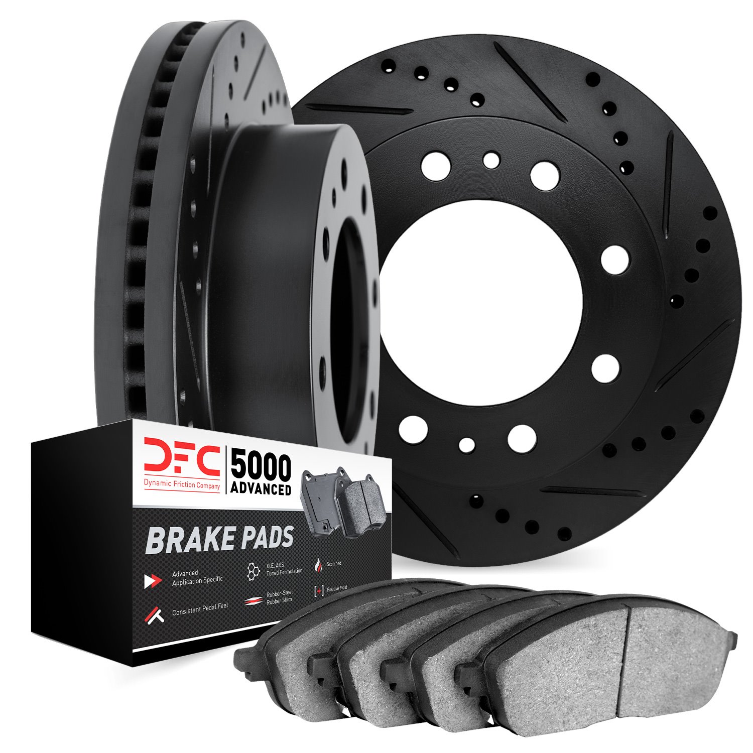 8502-40303 Drilled/Slotted Brake Rotors w/5000 Advanced Brake Pads Kit [Black], 1977-1993 Multiple Makes/Models, Position: Front