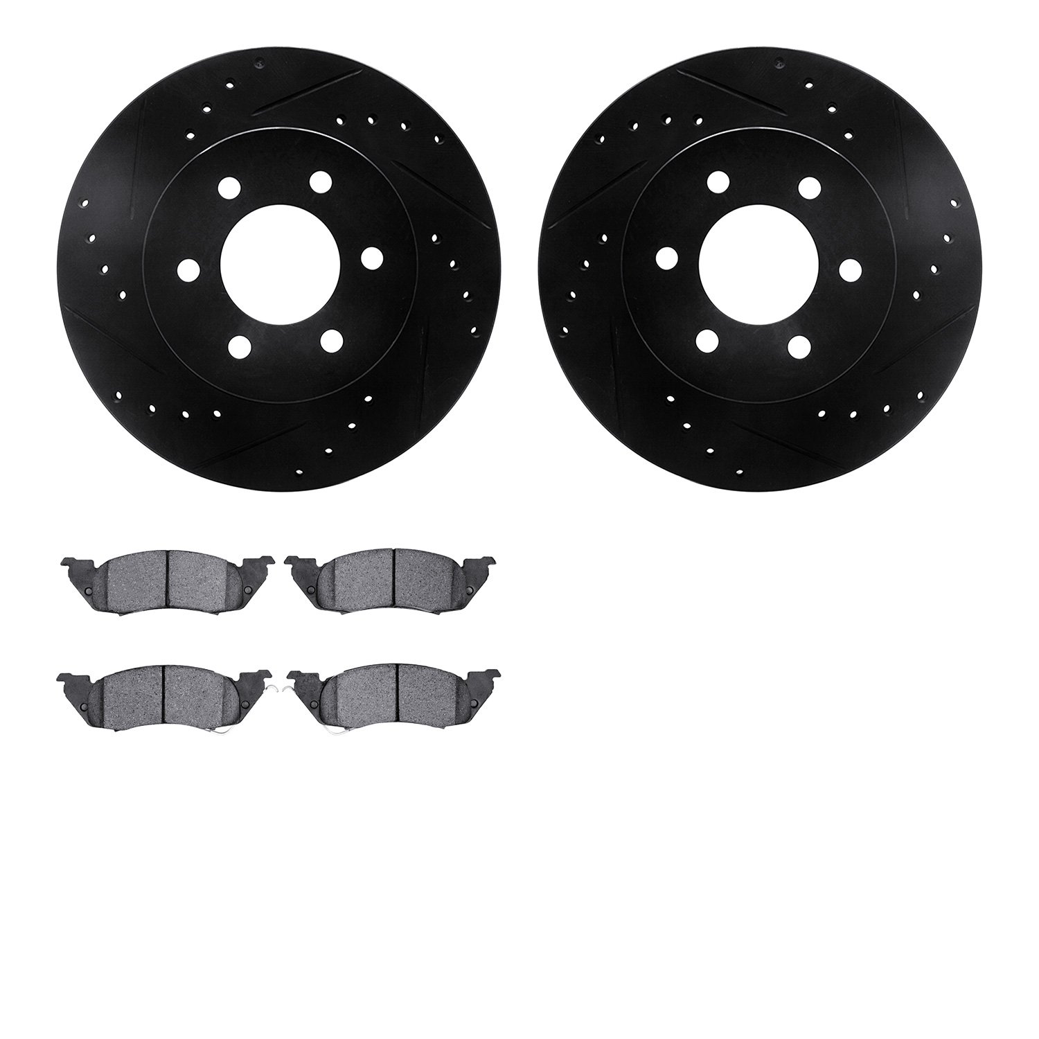 8502-40333 Drilled/Slotted Brake Rotors w/5000 Advanced Brake Pads Kit [Black], 1991-1996 Mopar, Position: Front