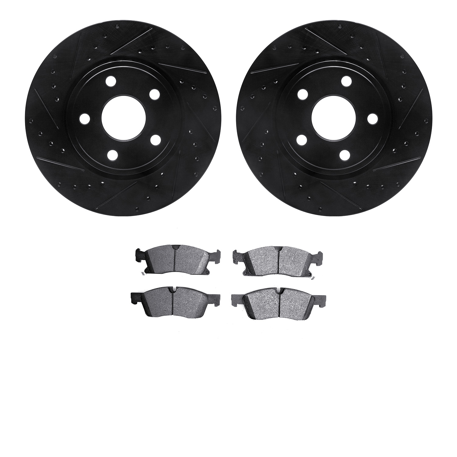 8502-42002 Drilled/Slotted Brake Rotors w/5000 Advanced Brake Pads Kit [Black], Fits Select Mopar, Position: Front