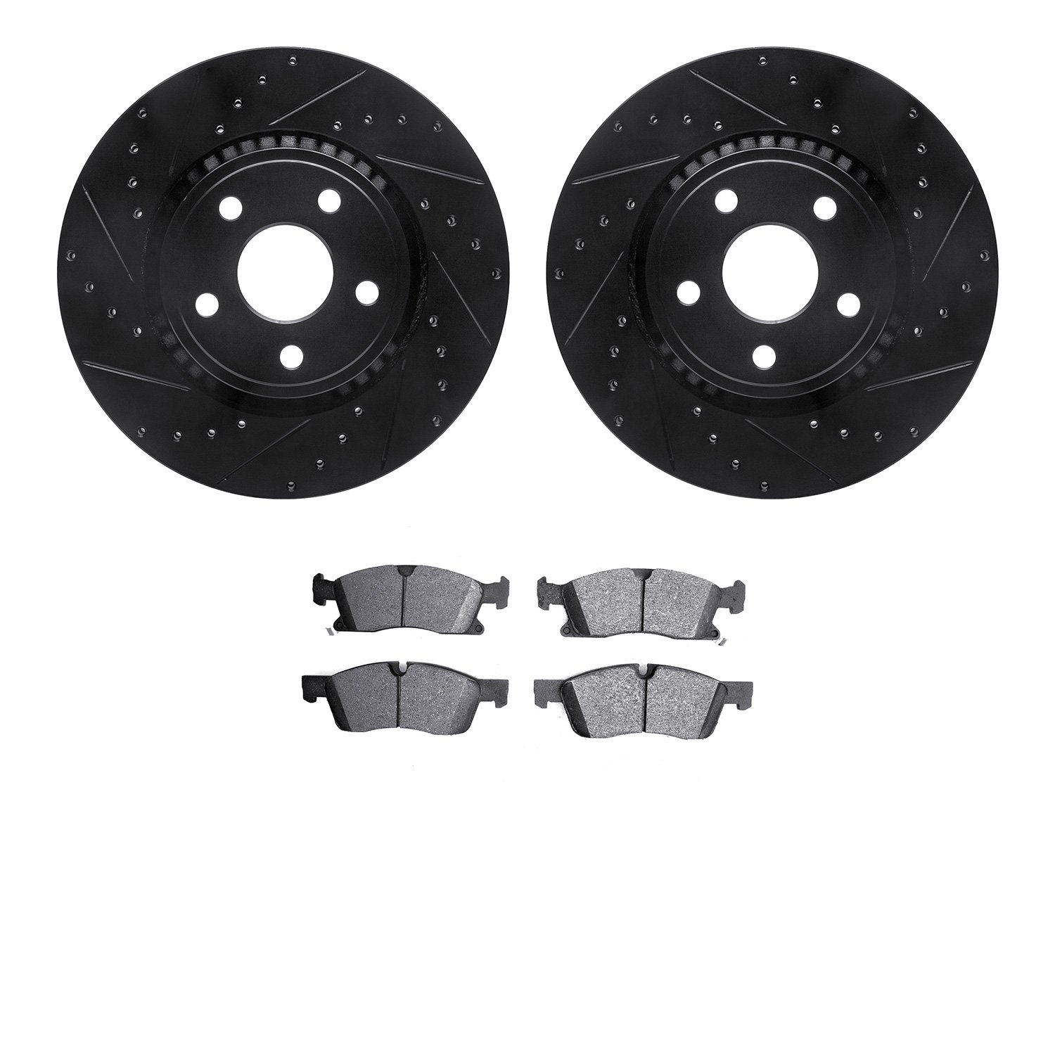 8502-42003 Drilled/Slotted Brake Rotors w/5000 Advanced Brake Pads Kit [Black], Fits Select Mopar, Position: Front