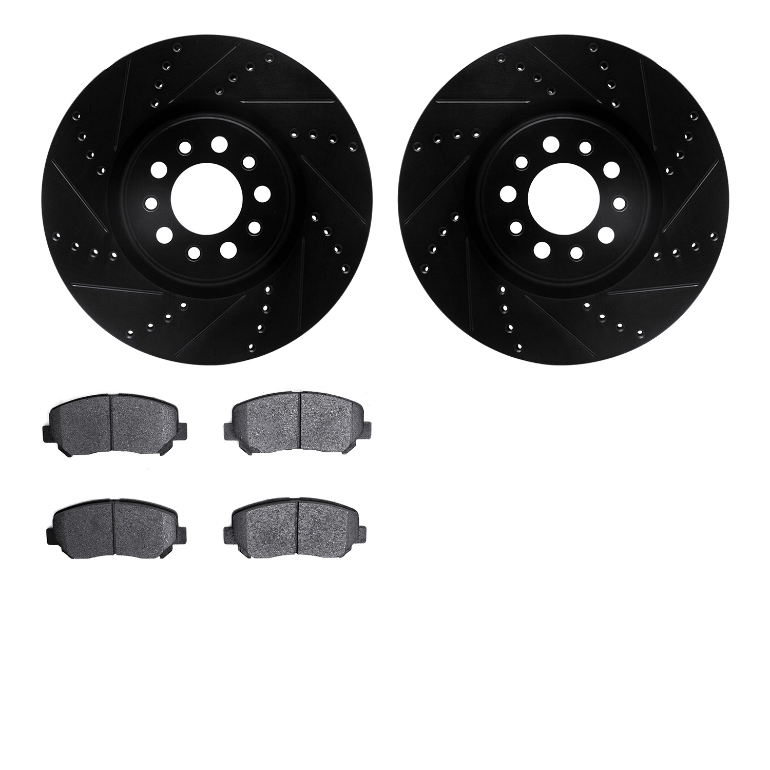 8502-42005 Drilled/Slotted Brake Rotors w/5000 Advanced Brake Pads Kit [Black], 2015-2015 Mopar, Position: Front