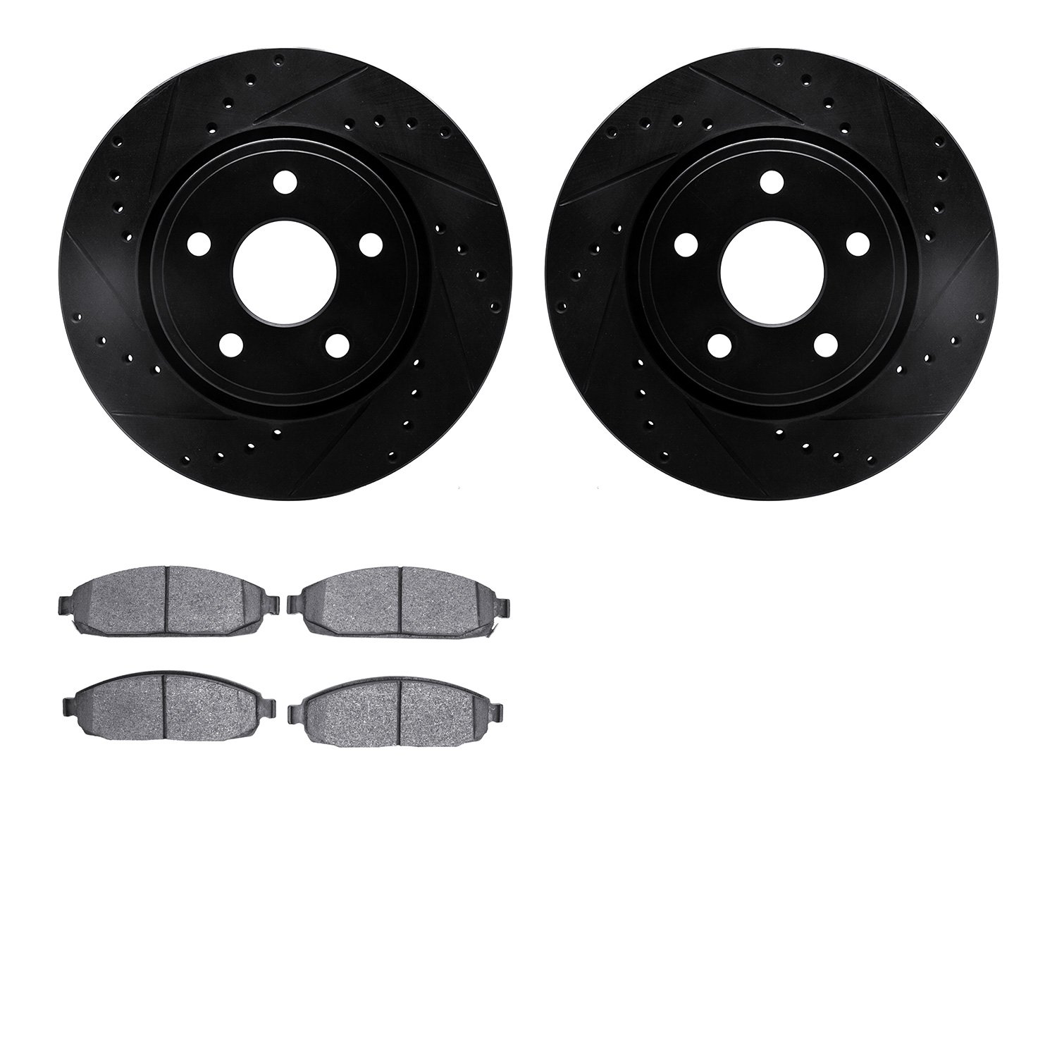 8502-42026 Drilled/Slotted Brake Rotors w/5000 Advanced Brake Pads Kit [Black], 2005-2010 Mopar, Position: Front