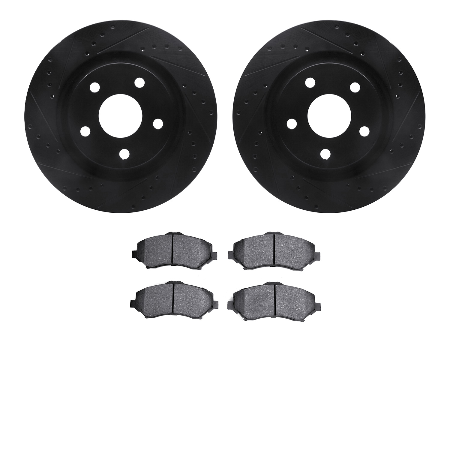 8502-42033 Drilled/Slotted Brake Rotors w/5000 Advanced Brake Pads Kit [Black], 2012-2018 Mopar, Position: Front