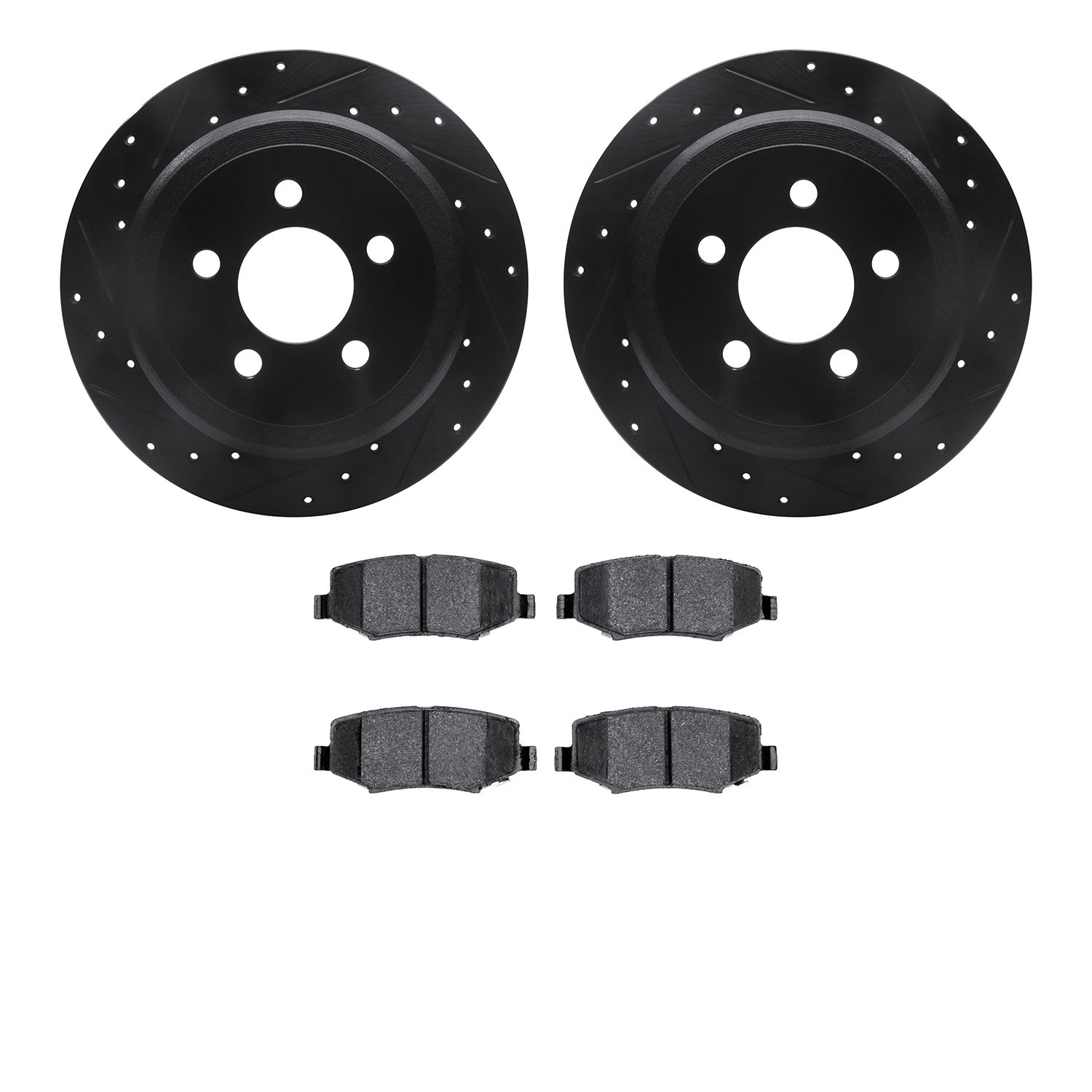 8502-42034 Drilled/Slotted Brake Rotors w/5000 Advanced Brake Pads Kit [Black], 2007-2012 Mopar, Position: Rear