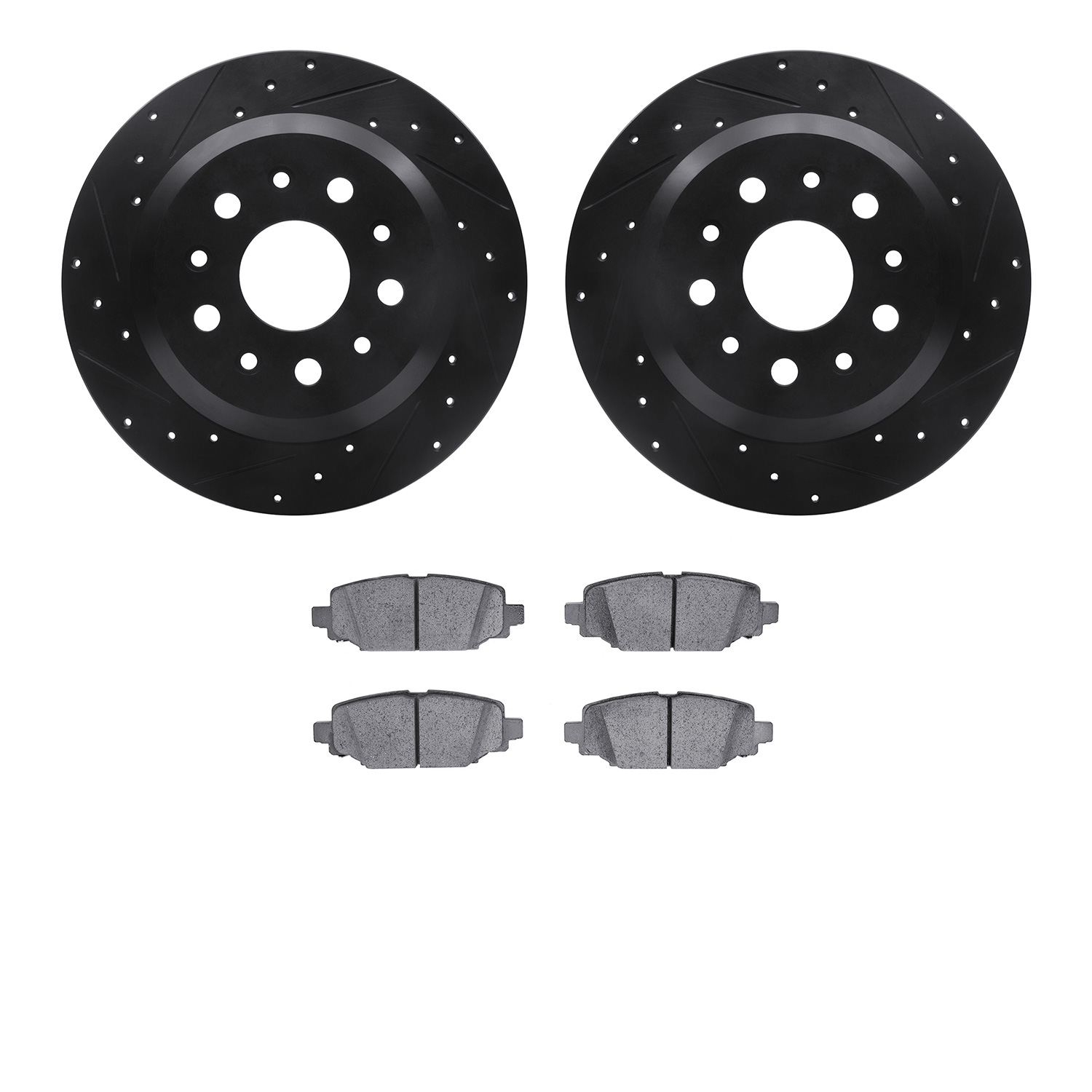 8502-42036 Drilled/Slotted Brake Rotors w/5000 Advanced Brake Pads Kit [Black], Fits Select Mopar, Position: Rear