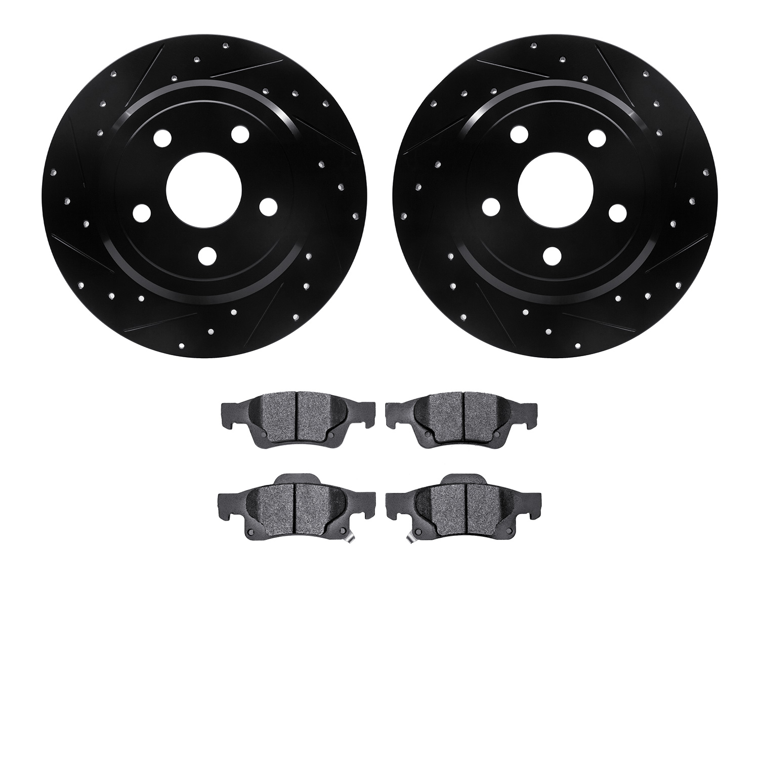 8502-42037 Drilled/Slotted Brake Rotors w/5000 Advanced Brake Pads Kit [Black], Fits Select Mopar, Position: Rear