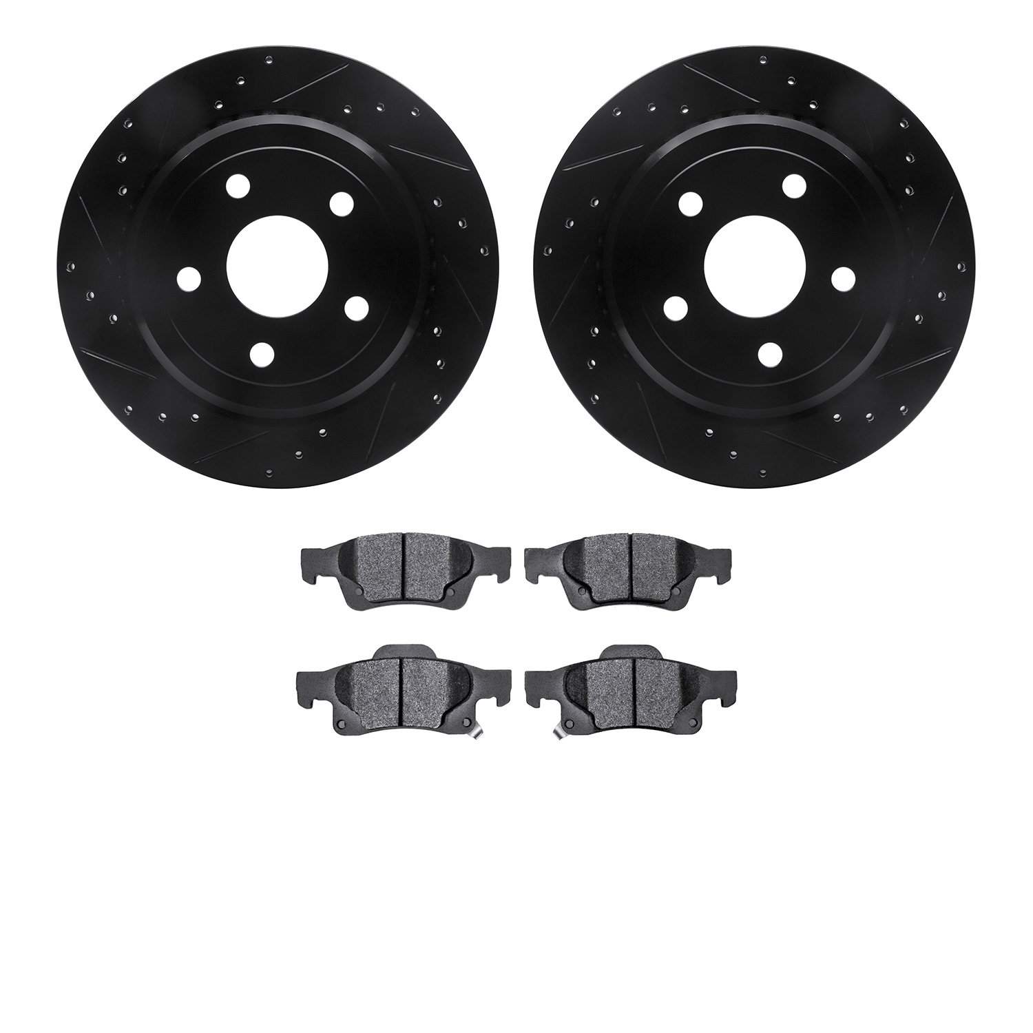 8502-42038 Drilled/Slotted Brake Rotors w/5000 Advanced Brake Pads Kit [Black], Fits Select Mopar, Position: Rear