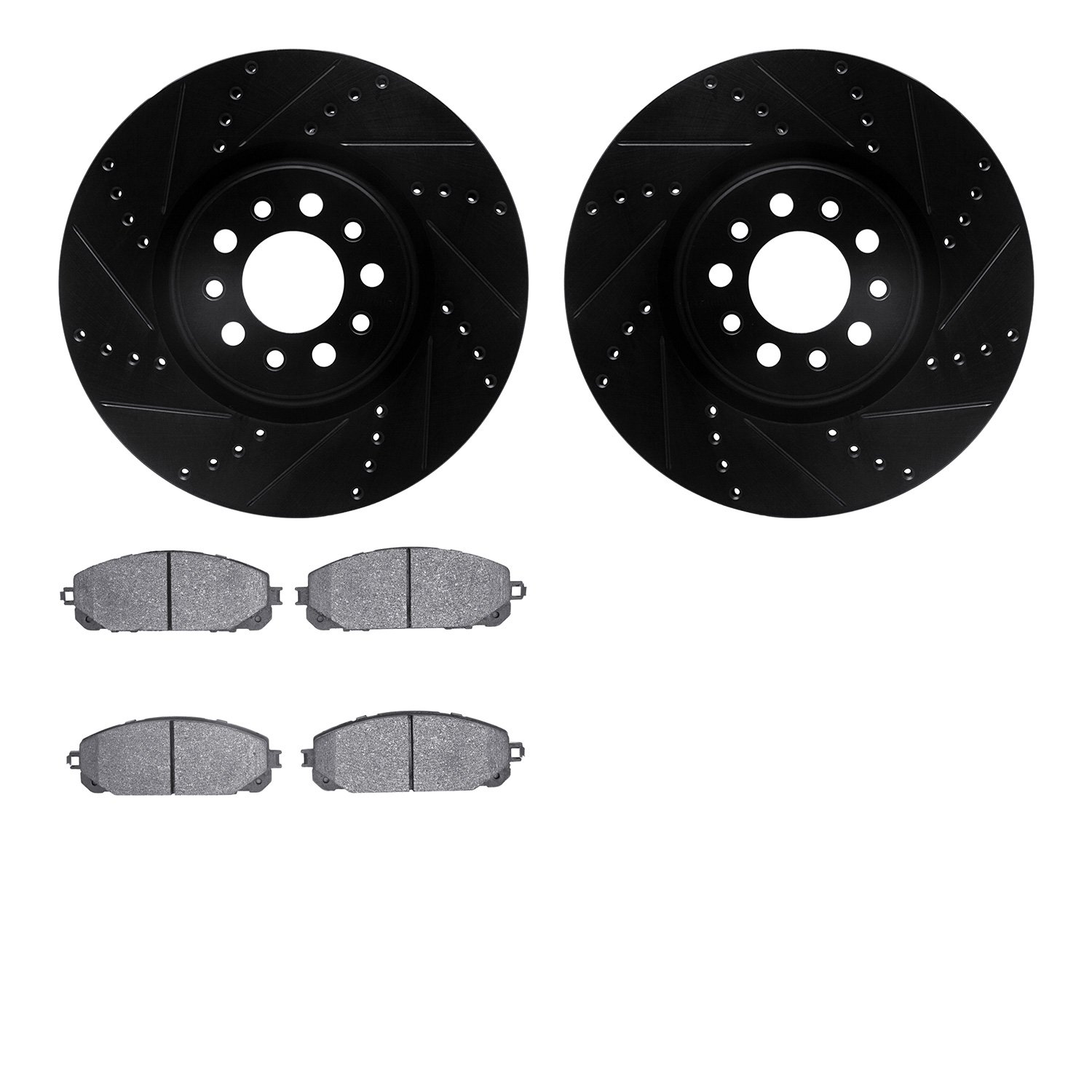 8502-42043 Drilled/Slotted Brake Rotors w/5000 Advanced Brake Pads Kit [Black], 2014-2020 Mopar, Position: Front