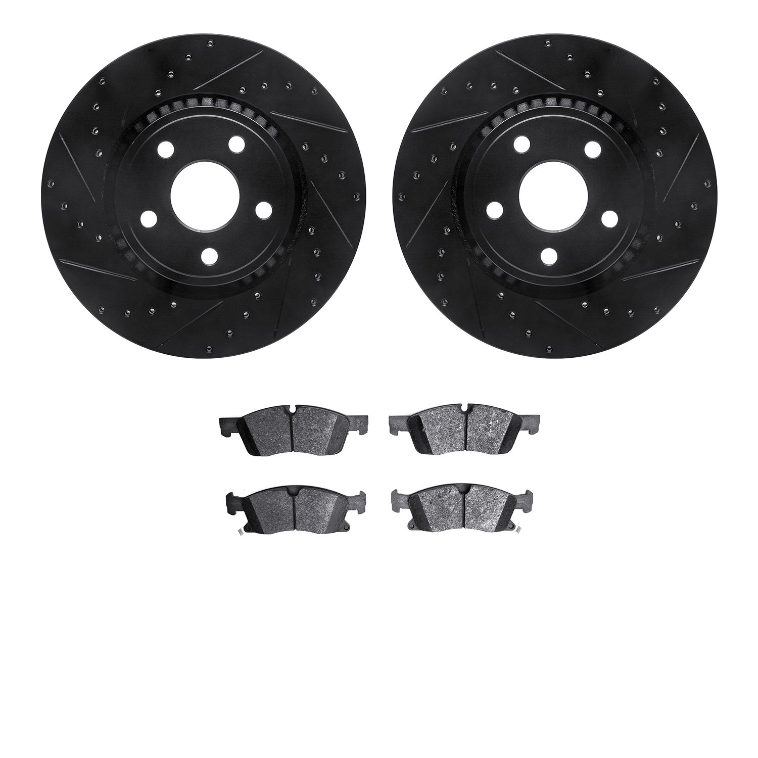8502-42049 Drilled/Slotted Brake Rotors w/5000 Advanced Brake Pads Kit [Black], 2013-2021 Mopar, Position: Front