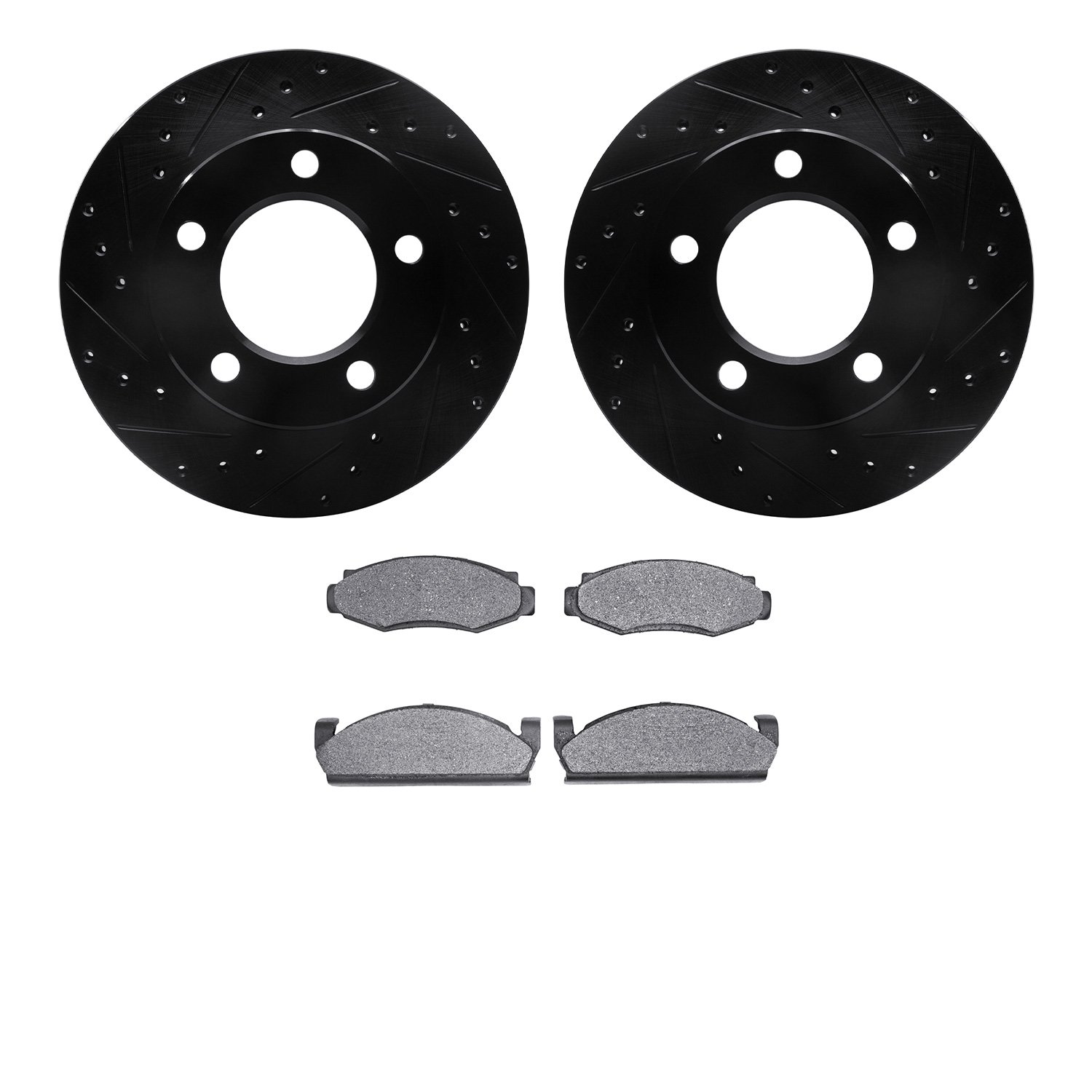 8502-42070 Drilled/Slotted Brake Rotors w/5000 Advanced Brake Pads Kit [Black], 1978-1981 Mopar, Position: Front