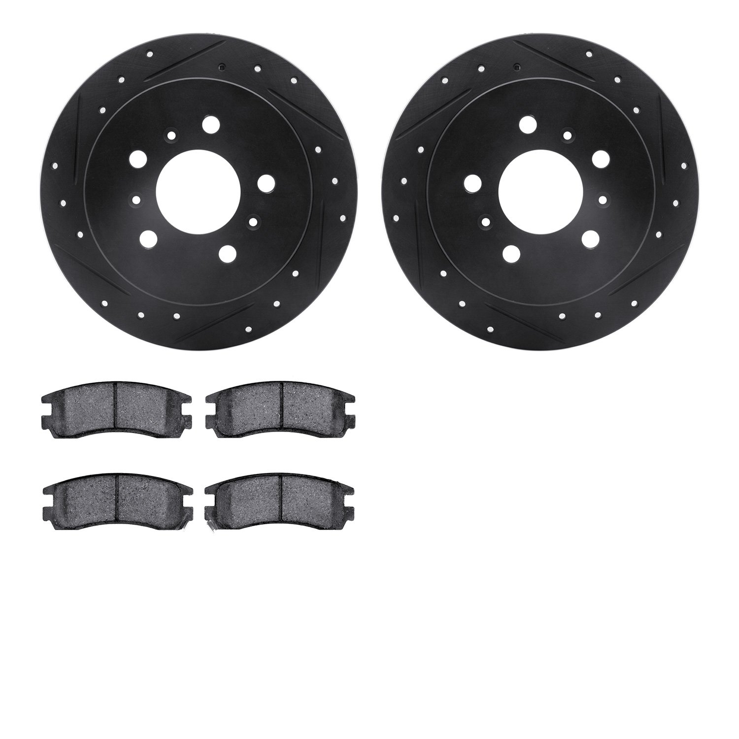 8502-45002 Drilled/Slotted Brake Rotors w/5000 Advanced Brake Pads Kit [Black], 2006-2010 GM, Position: Rear