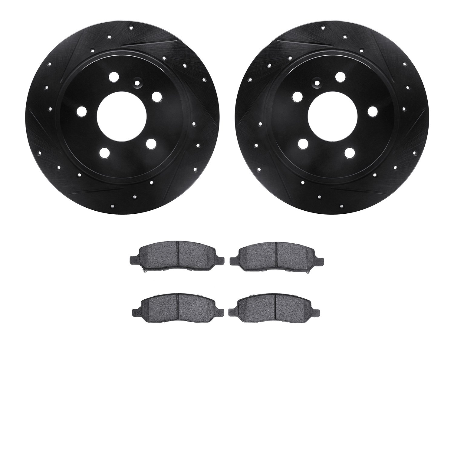 8502-45005 Drilled/Slotted Brake Rotors w/5000 Advanced Brake Pads Kit [Black], 2006-2011 GM, Position: Rear