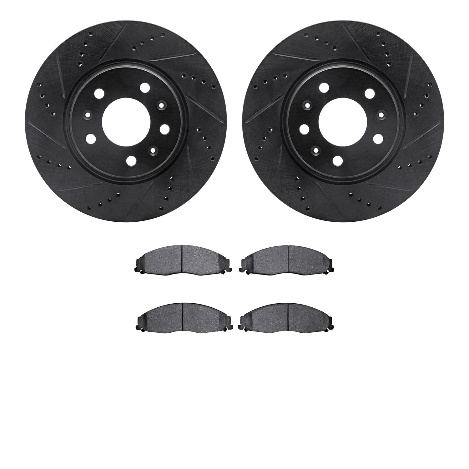 8502-46006 Drilled/Slotted Brake Rotors w/5000 Advanced Brake Pads Kit [Black], 2005-2008 GM, Position: Front