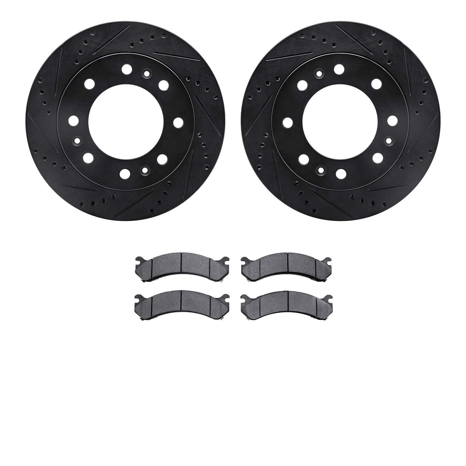 8502-46015 Drilled/Slotted Brake Rotors w/5000 Advanced Brake Pads Kit [Black], 2006-2011 GM, Position: Front