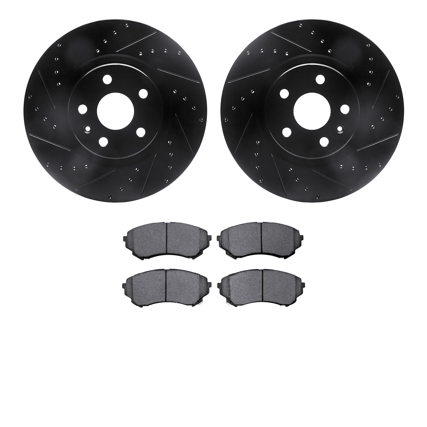 8502-46021 Drilled/Slotted Brake Rotors w/5000 Advanced Brake Pads Kit [Black], 2008-2014 GM, Position: Front
