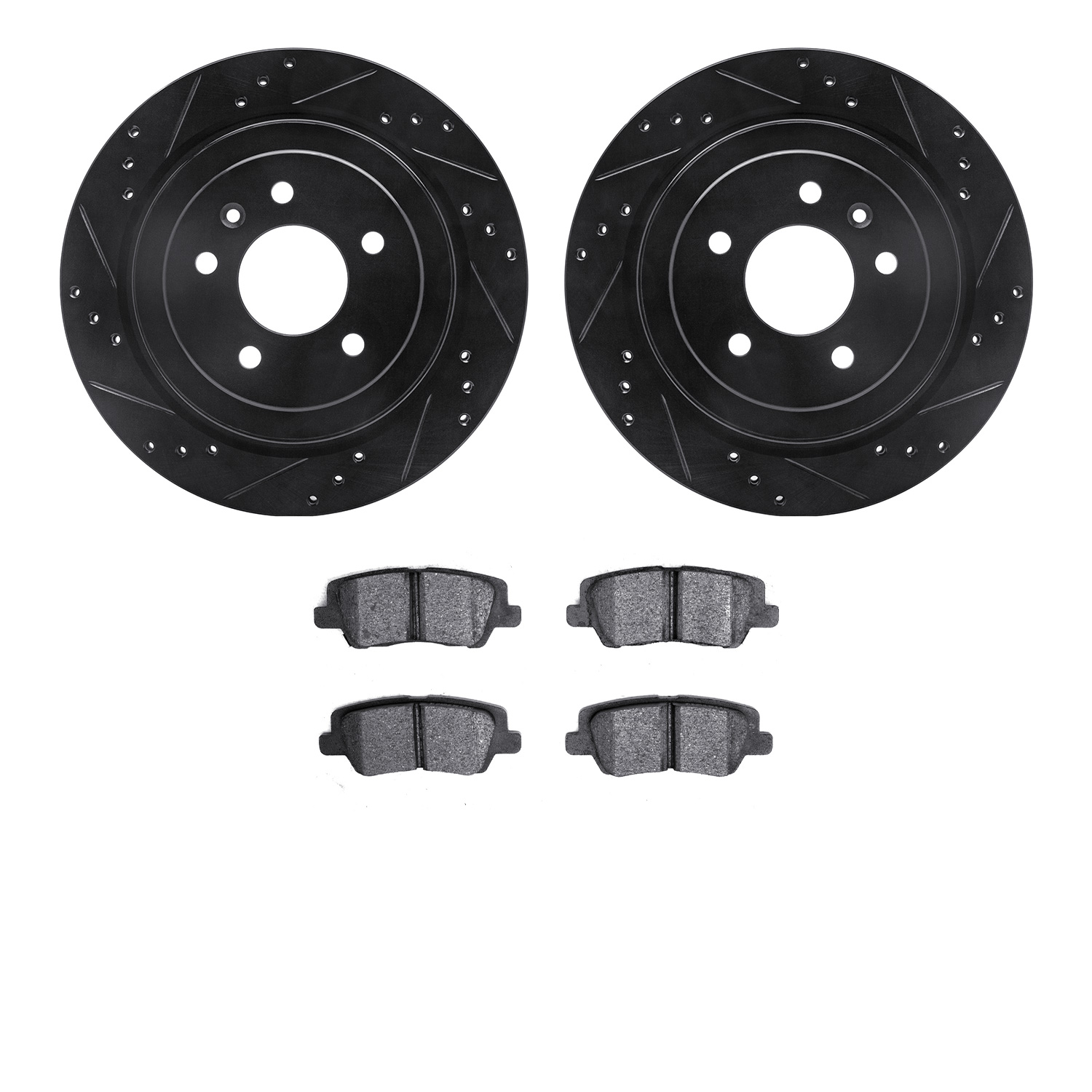 8502-46025 Drilled/Slotted Brake Rotors w/5000 Advanced Brake Pads Kit [Black], 2013-2015 GM, Position: Rear