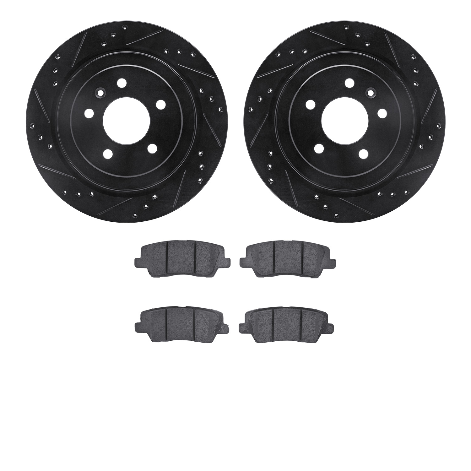 8502-46026 Drilled/Slotted Brake Rotors w/5000 Advanced Brake Pads Kit [Black], 2013-2019 GM, Position: Rear