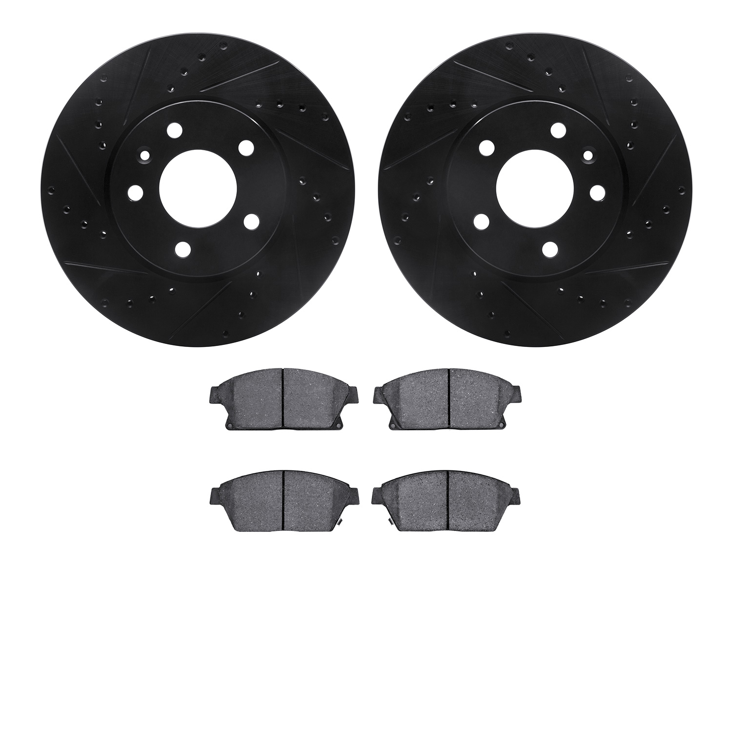 8502-46027 Drilled/Slotted Brake Rotors w/5000 Advanced Brake Pads Kit [Black], 2013-2019 GM, Position: Front