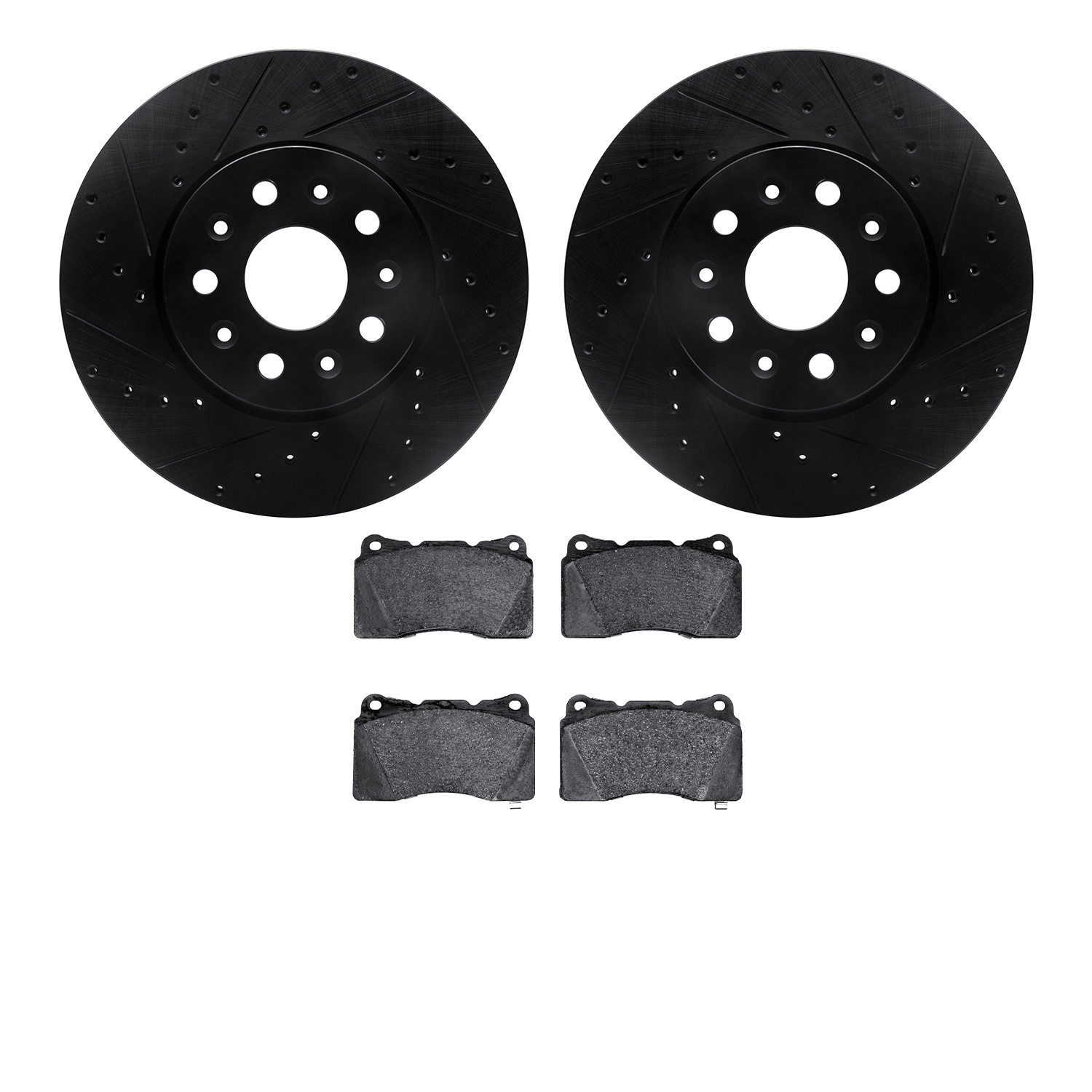 8502-46036 Drilled/Slotted Brake Rotors w/5000 Advanced Brake Pads Kit [Black], 2016-2020 GM, Position: Front