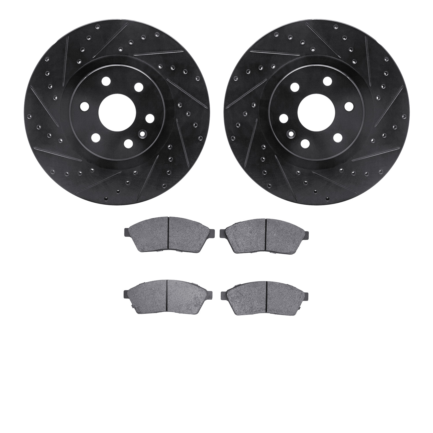 8502-46050 Drilled/Slotted Brake Rotors w/5000 Advanced Brake Pads Kit [Black], 2010-2016 GM, Position: Front