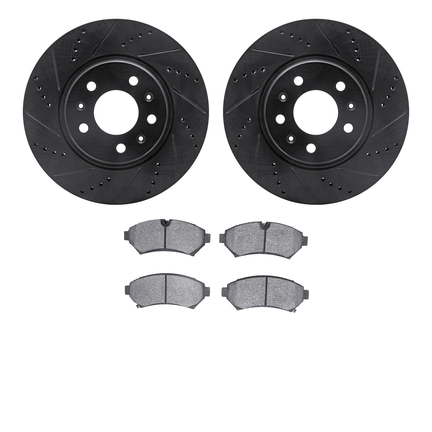 8502-46107 Drilled/Slotted Brake Rotors w/5000 Advanced Brake Pads Kit [Black], 2003-2003 GM, Position: Front