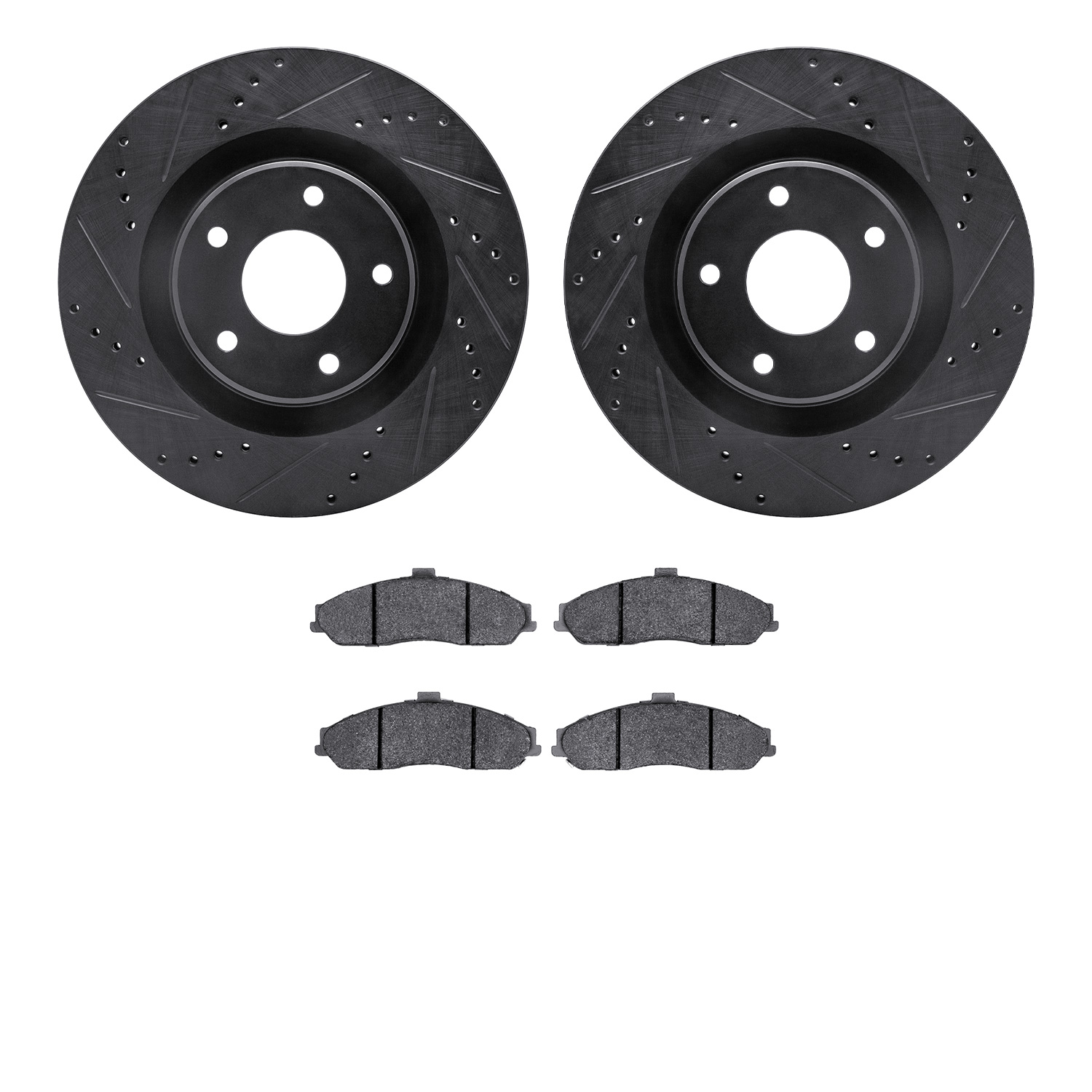 8502-46146 Drilled/Slotted Brake Rotors w/5000 Advanced Brake Pads Kit [Black], 2005-2010 GM, Position: Front