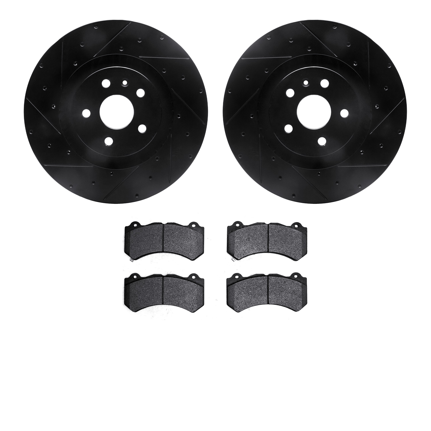 8502-46203 Drilled/Slotted Brake Rotors w/5000 Advanced Brake Pads Kit [Black], 2009-2015 GM, Position: Front