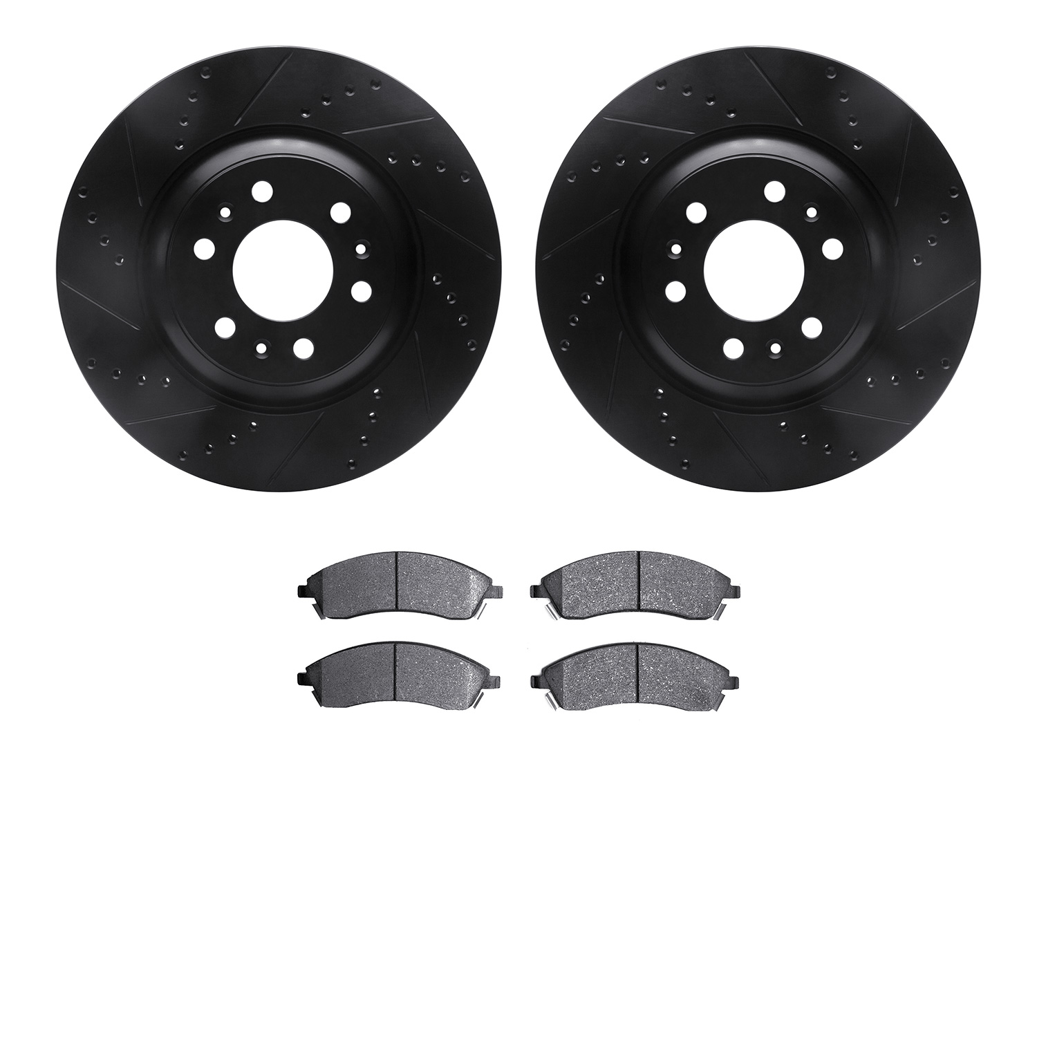 8502-46269 Drilled/Slotted Brake Rotors w/5000 Advanced Brake Pads Kit [Black], 2004-2009 GM, Position: Front