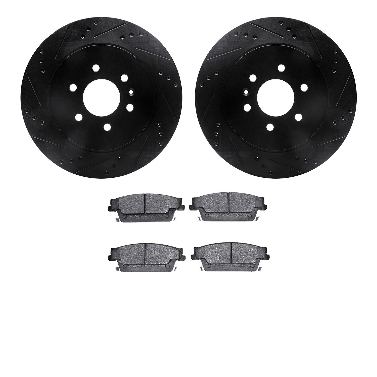 8502-46279 Drilled/Slotted Brake Rotors w/5000 Advanced Brake Pads Kit [Black], 2004-2009 GM, Position: Rear