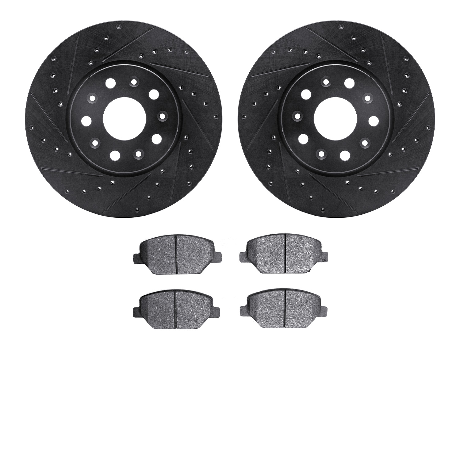 8502-47033 Drilled/Slotted Brake Rotors w/5000 Advanced Brake Pads Kit [Black], 2016-2020 GM, Position: Front