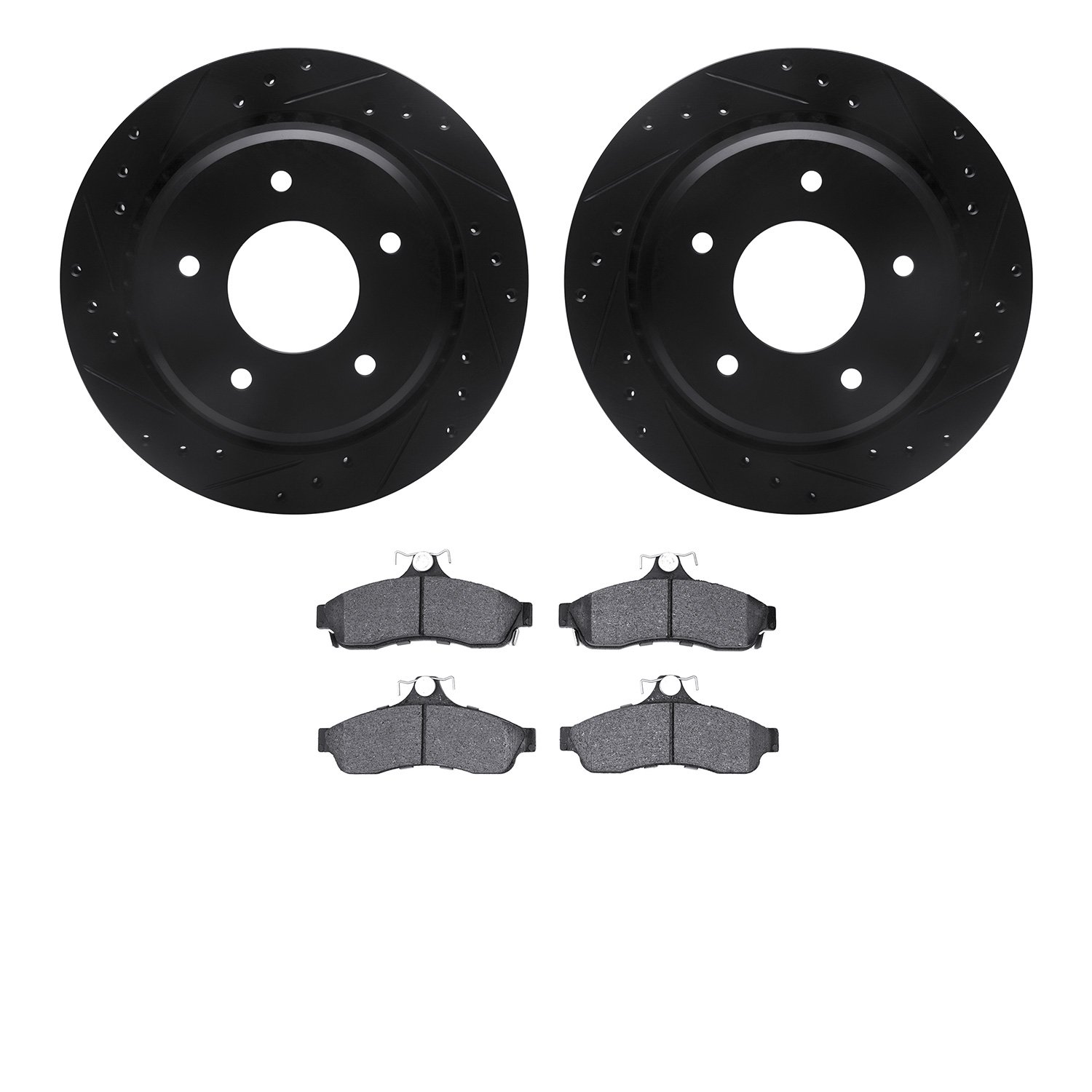 8502-47170 Drilled/Slotted Brake Rotors w/5000 Advanced Brake Pads Kit [Black], 1994-1996 GM, Position: Rear