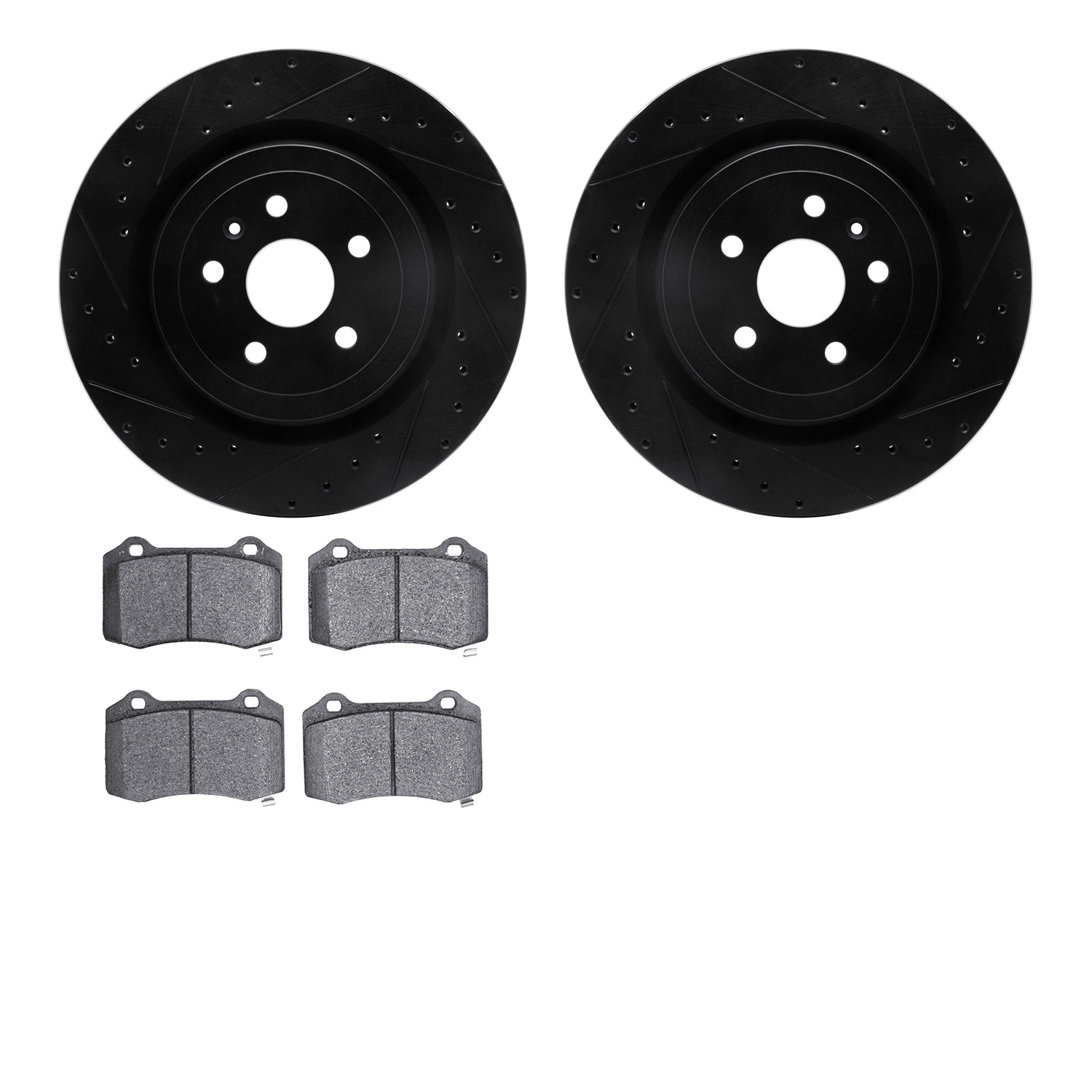 8502-47217 Drilled/Slotted Brake Rotors w/5000 Advanced Brake Pads Kit [Black], Fits Select GM, Position: Rear