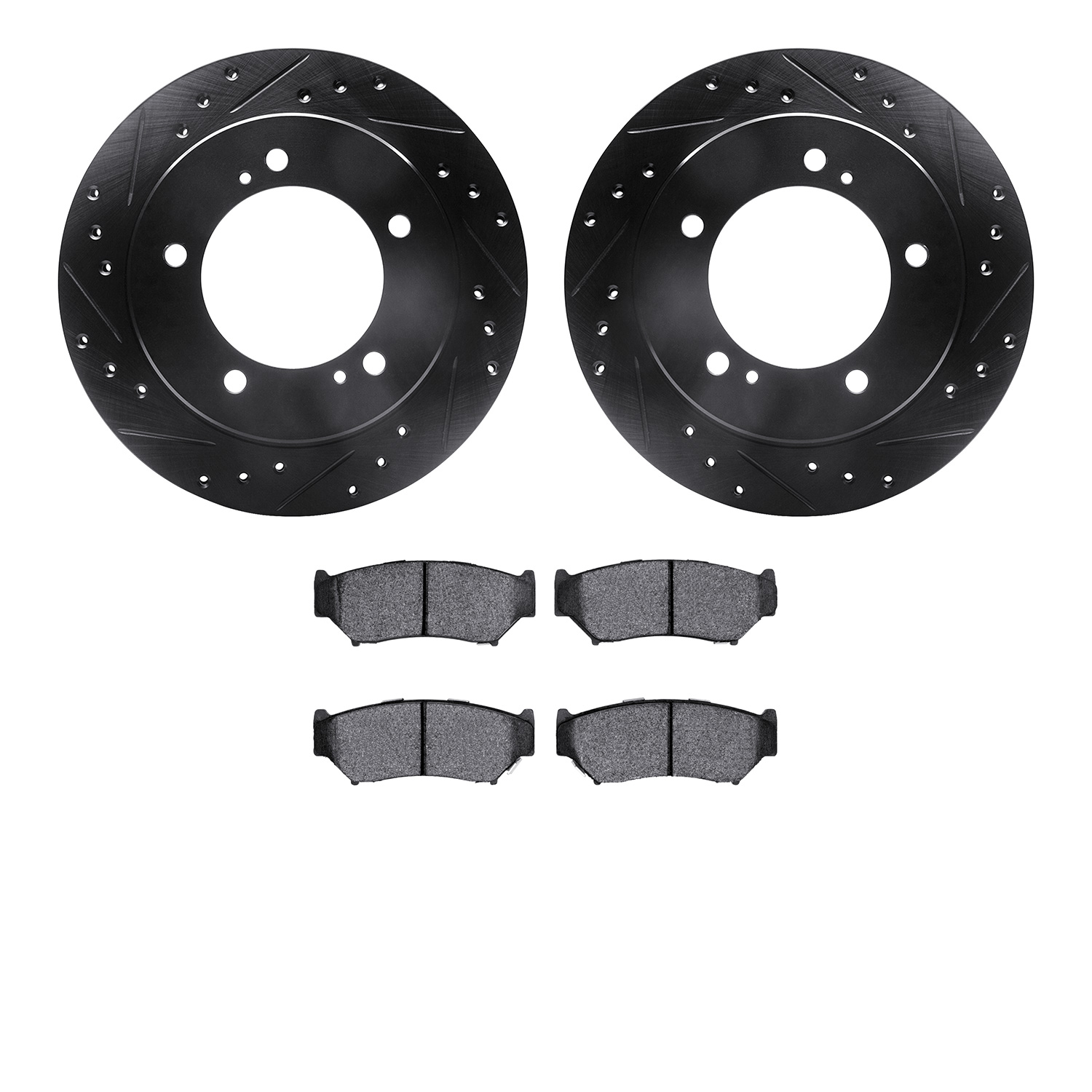 8502-47268 Drilled/Slotted Brake Rotors w/5000 Advanced Brake Pads Kit [Black], 1991-1998 GM, Position: Front