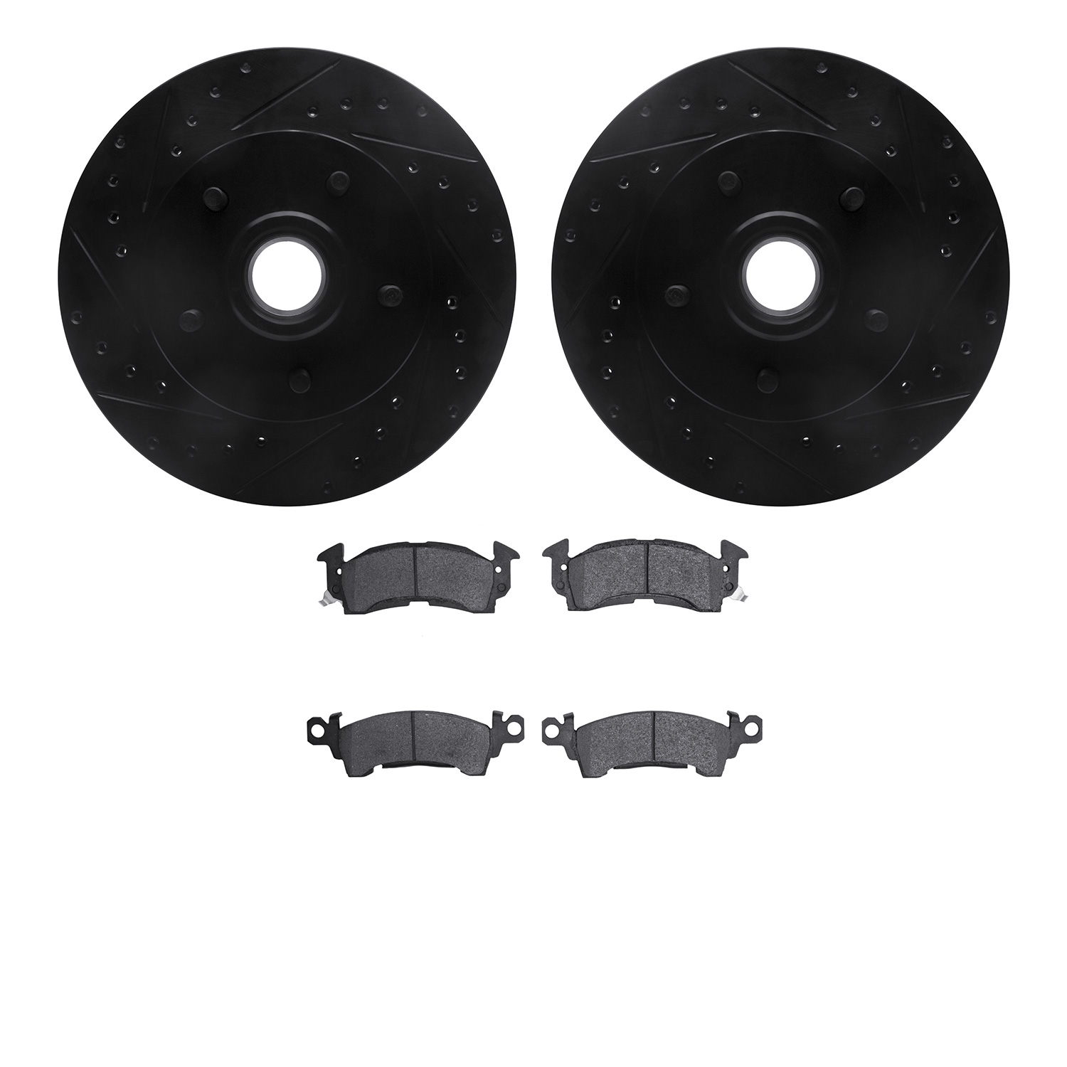 8502-47298 Drilled/Slotted Brake Rotors w/5000 Advanced Brake Pads Kit [Black], 1969-1996 GM, Position: Front