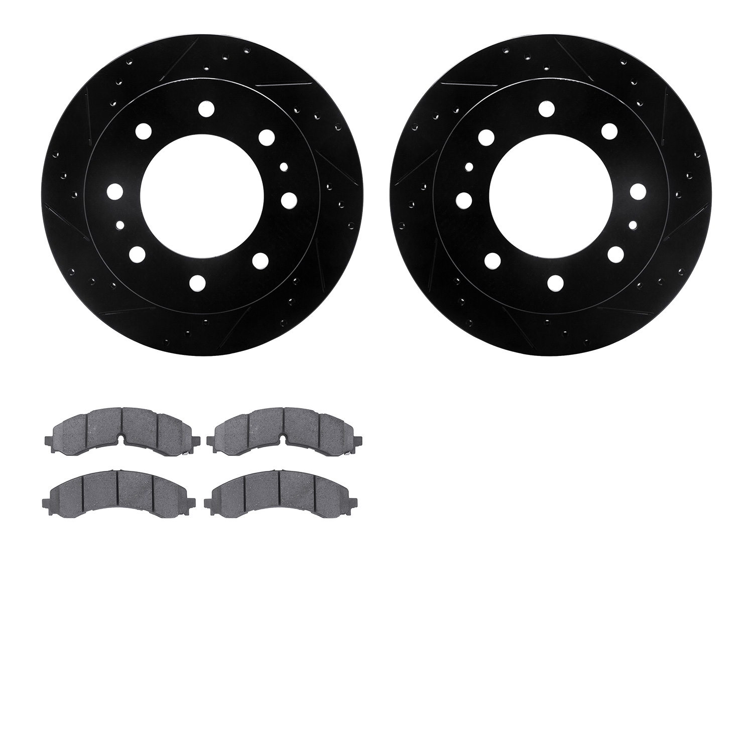8502-48043 Drilled/Slotted Brake Rotors w/5000 Advanced Brake Pads Kit [Black], Fits Select GM, Position: Rear