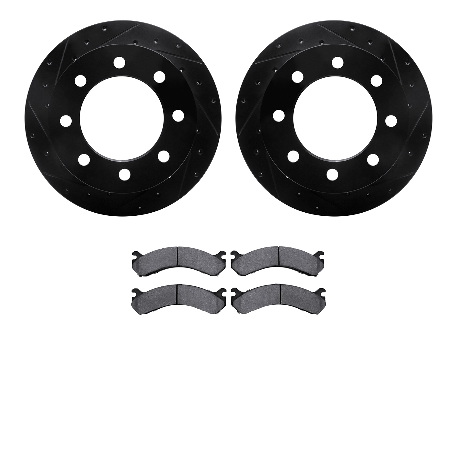 8502-48050 Drilled/Slotted Brake Rotors w/5000 Advanced Brake Pads Kit [Black], 2001-2010 GM, Position: Rear