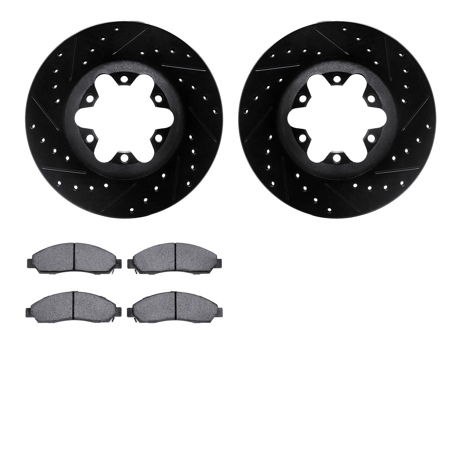 8502-48056 Drilled/Slotted Brake Rotors w/5000 Advanced Brake Pads Kit [Black], 2004-2008 GM, Position: Front