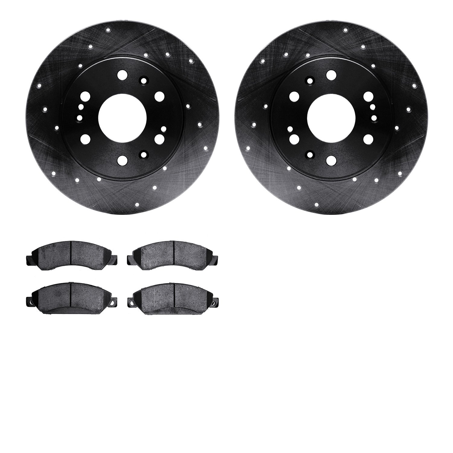 8502-48057 Drilled/Slotted Brake Rotors w/5000 Advanced Brake Pads Kit [Black], 2005-2008 GM, Position: Front