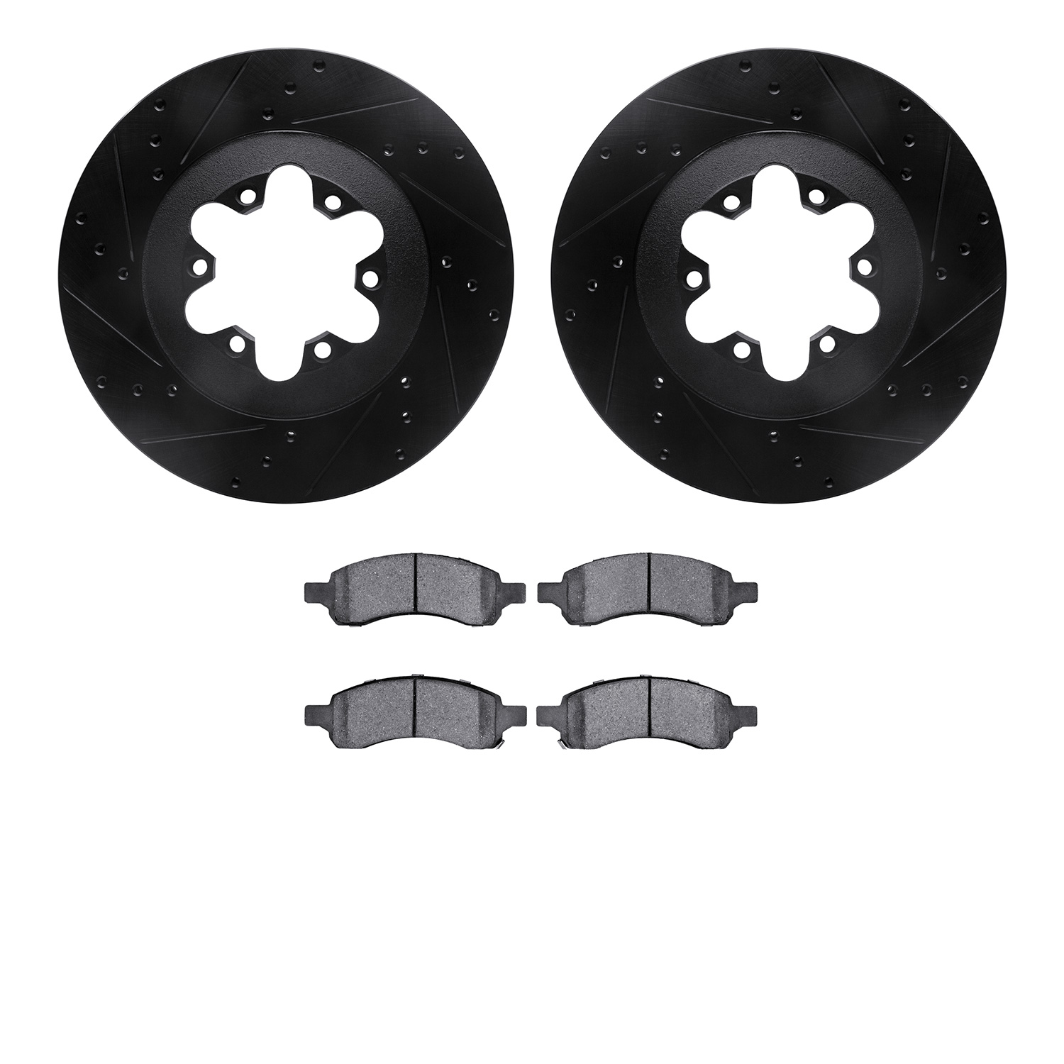 8502-48060 Drilled/Slotted Brake Rotors w/5000 Advanced Brake Pads Kit [Black], 2009-2012 GM, Position: Front