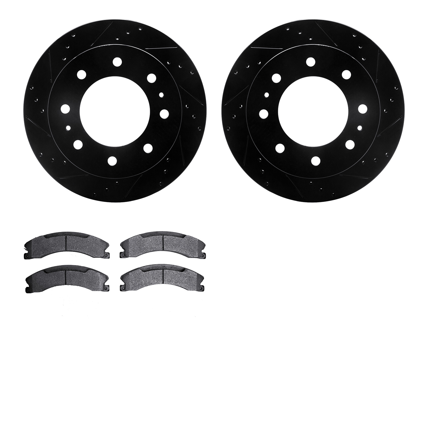 8502-48070 Drilled/Slotted Brake Rotors w/5000 Advanced Brake Pads Kit [Black], 2011-2019 GM, Position: Rear