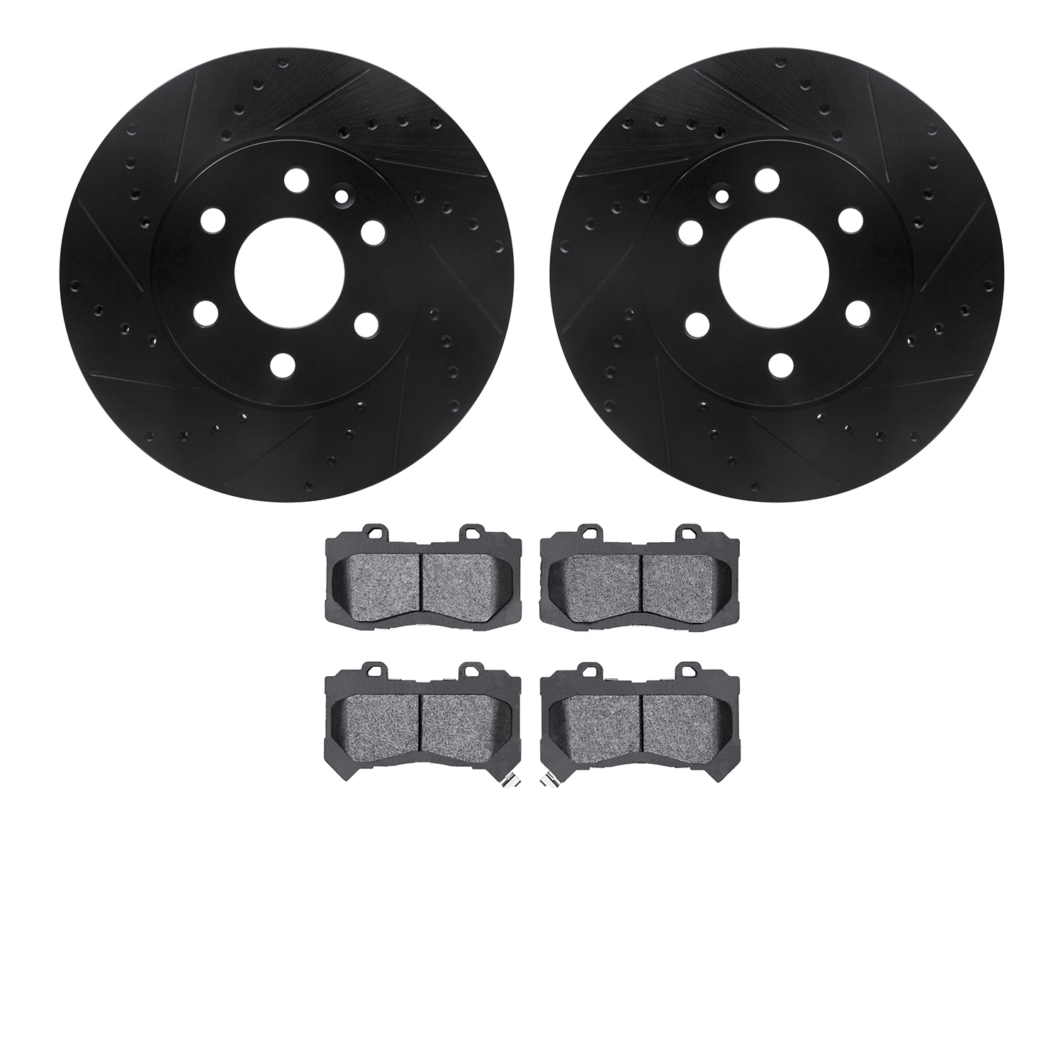8502-48071 Drilled/Slotted Brake Rotors w/5000 Advanced Brake Pads Kit [Black], 2015-2020 GM, Position: Front