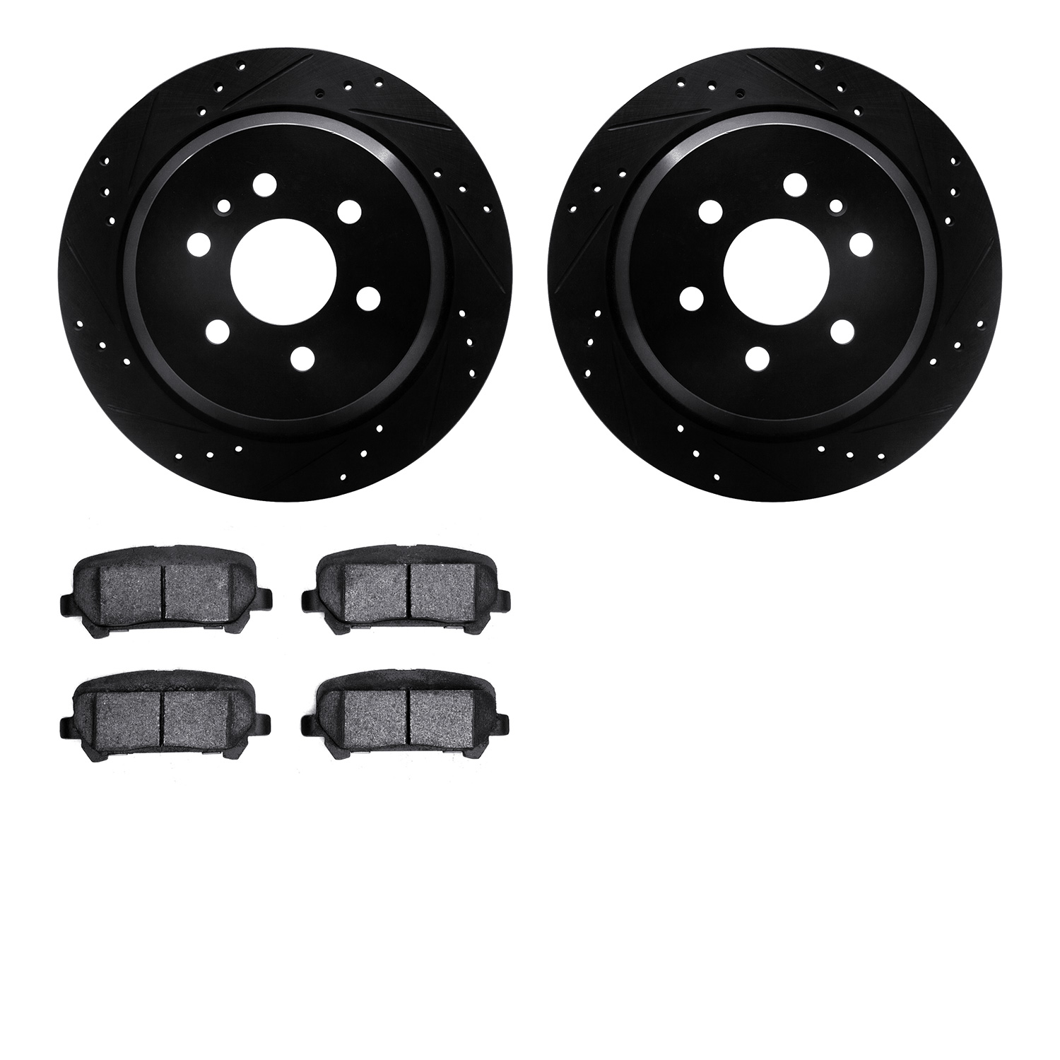 8502-48072 Drilled/Slotted Brake Rotors w/5000 Advanced Brake Pads Kit [Black], 2015-2020 GM, Position: Rear