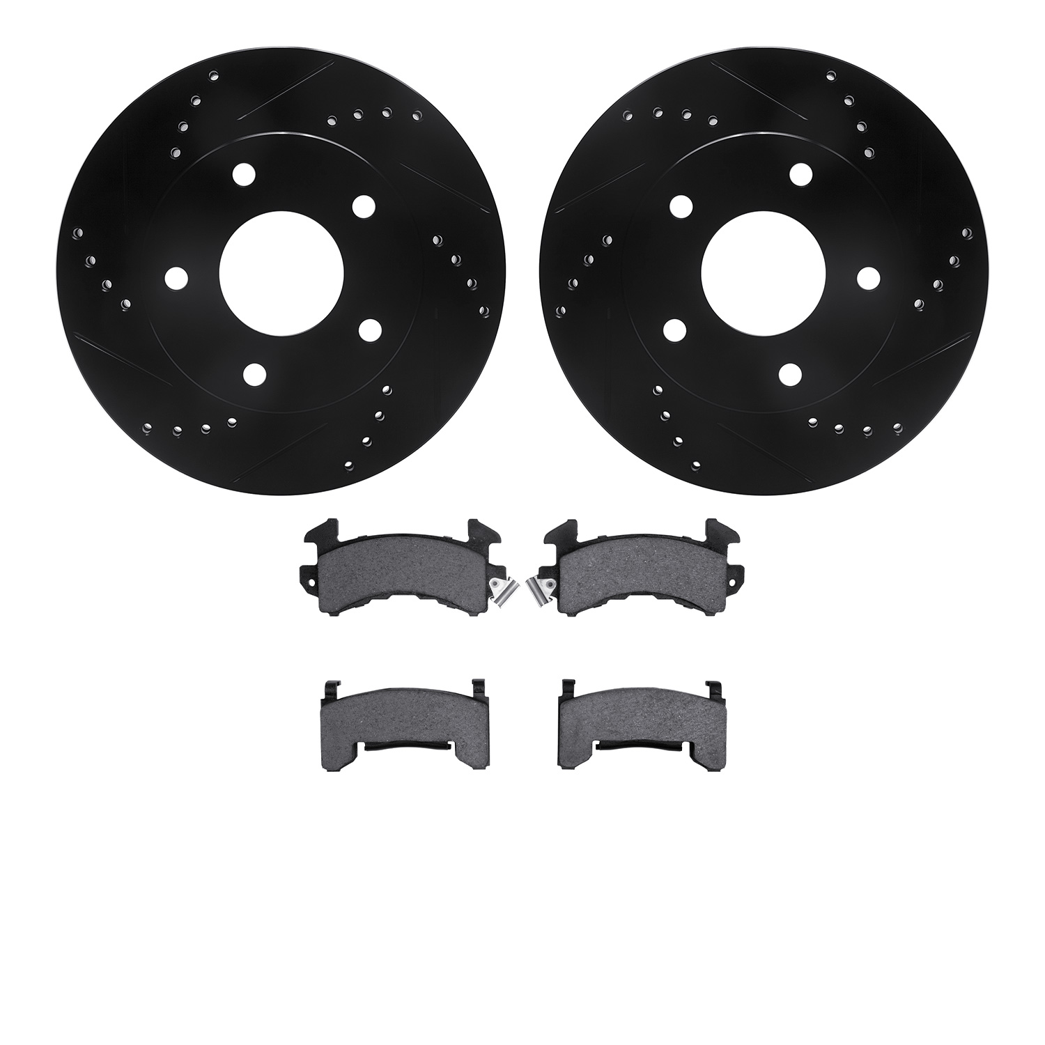 8502-48102 Drilled/Slotted Brake Rotors w/5000 Advanced Brake Pads Kit [Black], 1979-1998 GM, Position: Front