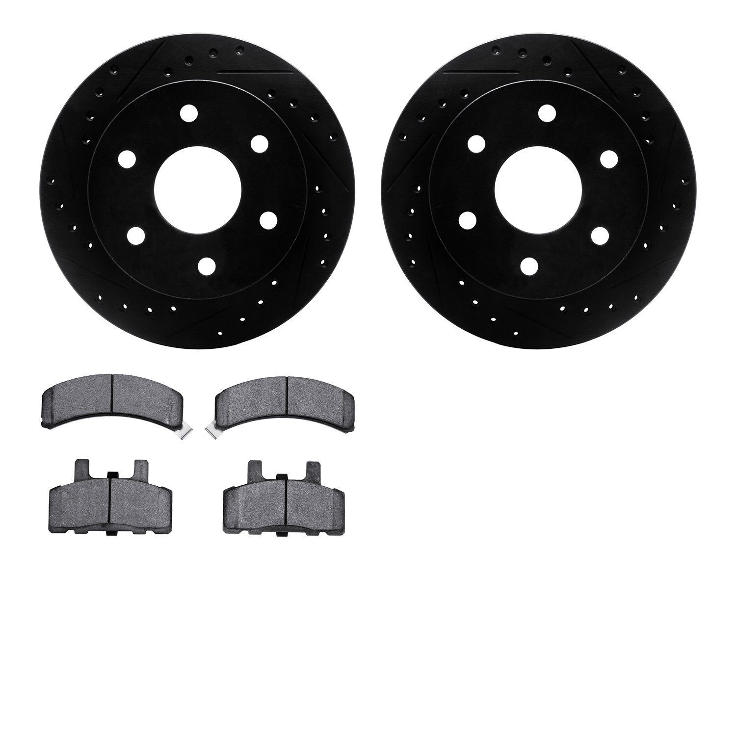 8502-48117 Drilled/Slotted Brake Rotors w/5000 Advanced Brake Pads Kit [Black], 1988-2000 GM, Position: Front